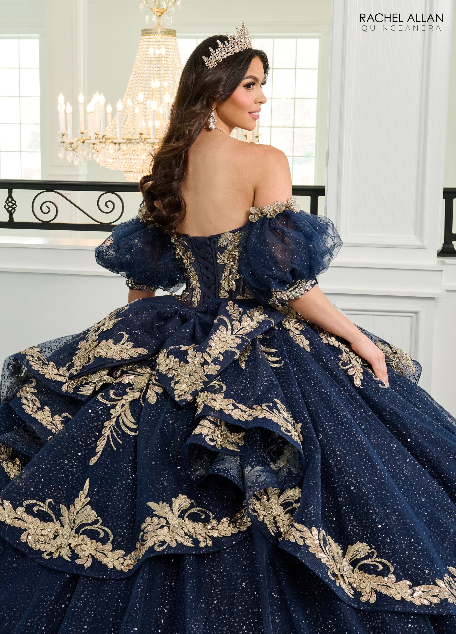 Quinceniera Dresses Long Ball Gown 3D Flower Glitter Quinceanera Dress Navy Gold