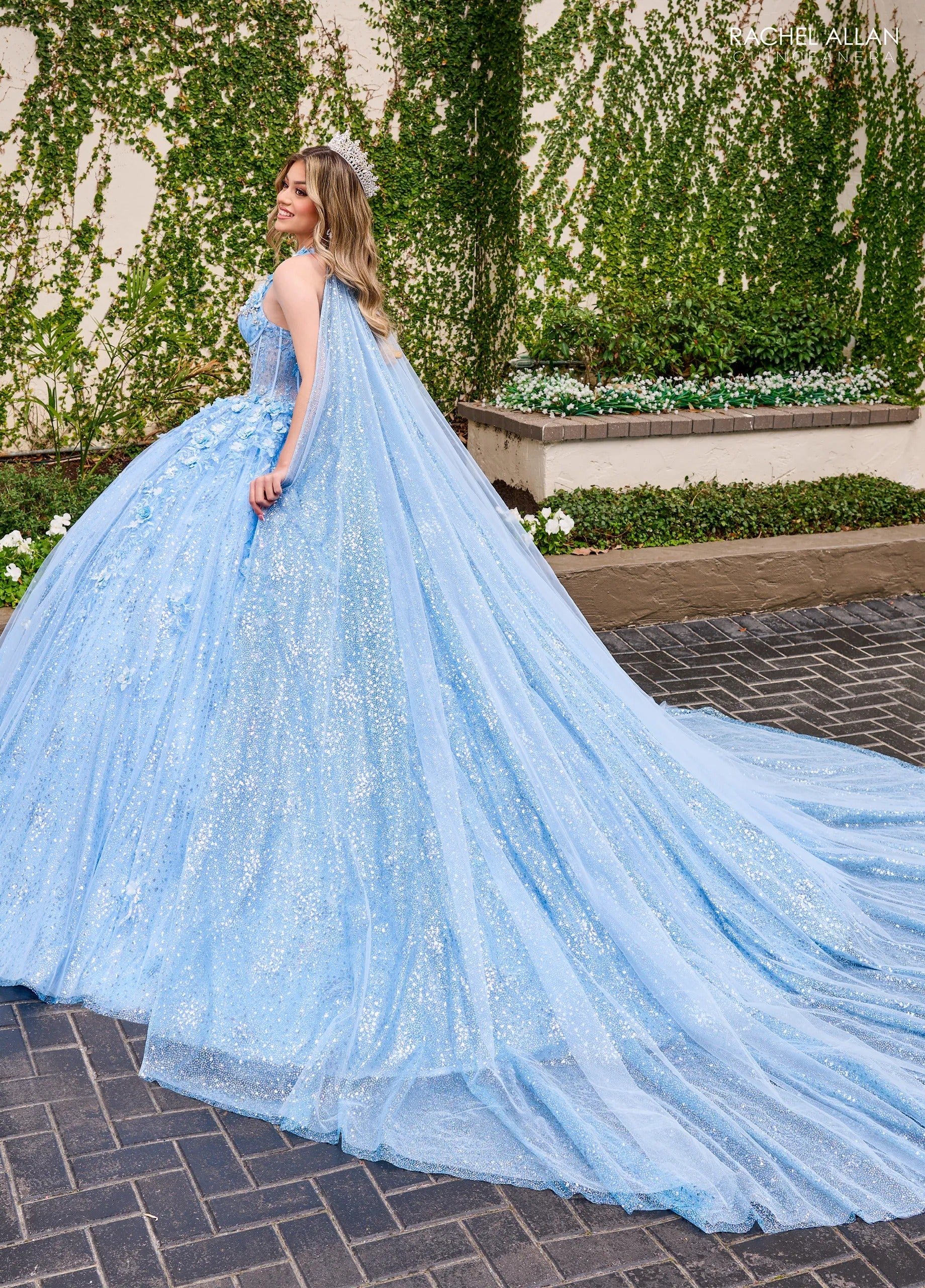 Light Blue Sweetheart Floor Length Sequin Tulle Quinceanera Ball Gown with Floral Applique Rachel Allan RQ3135
