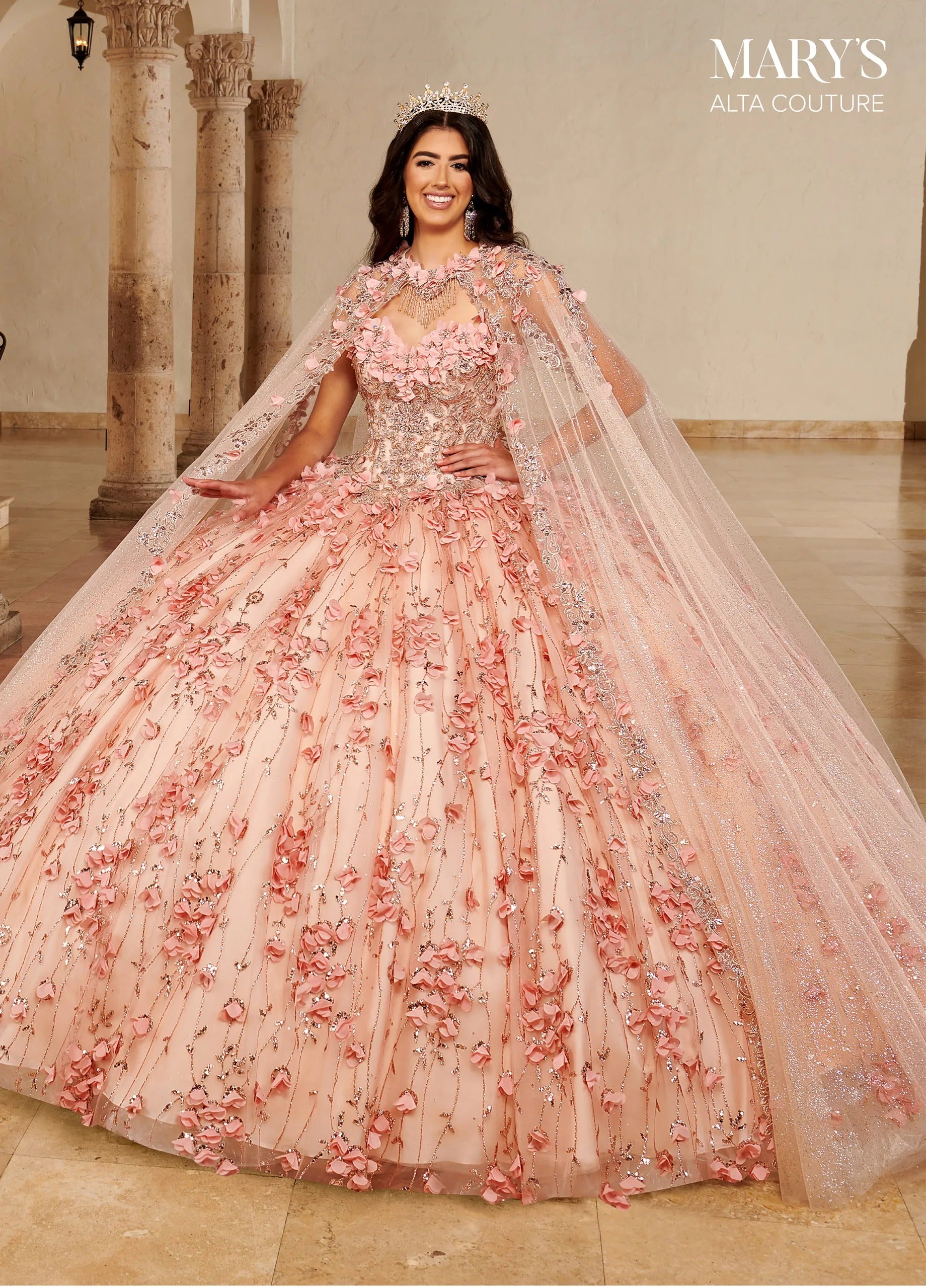 Blush Strapless Floor-Length Glitter Tulle Quinceanera Ball Gown with Matching Cape Rachel Allan MQ3075 Rachel Allan MQ3075