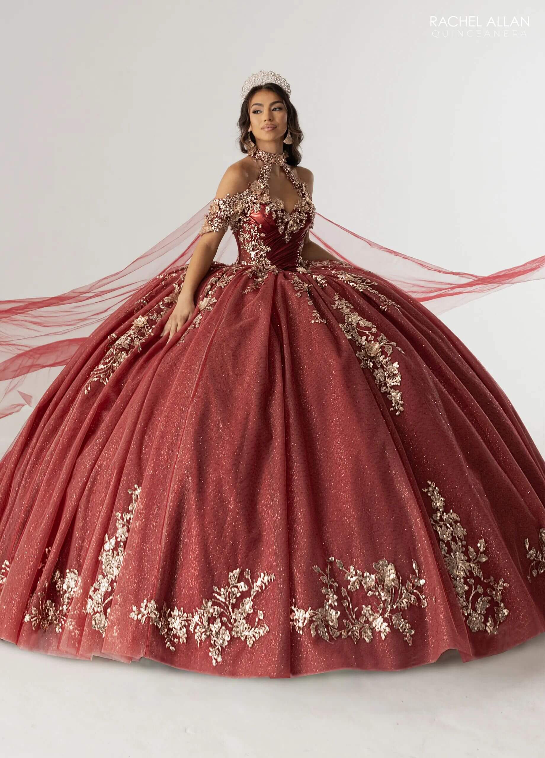 Wine Gold Off the Shoulder Floor Length Glitter Tulle Quinceanera Ball Gown Rachel Allan RQ3178
