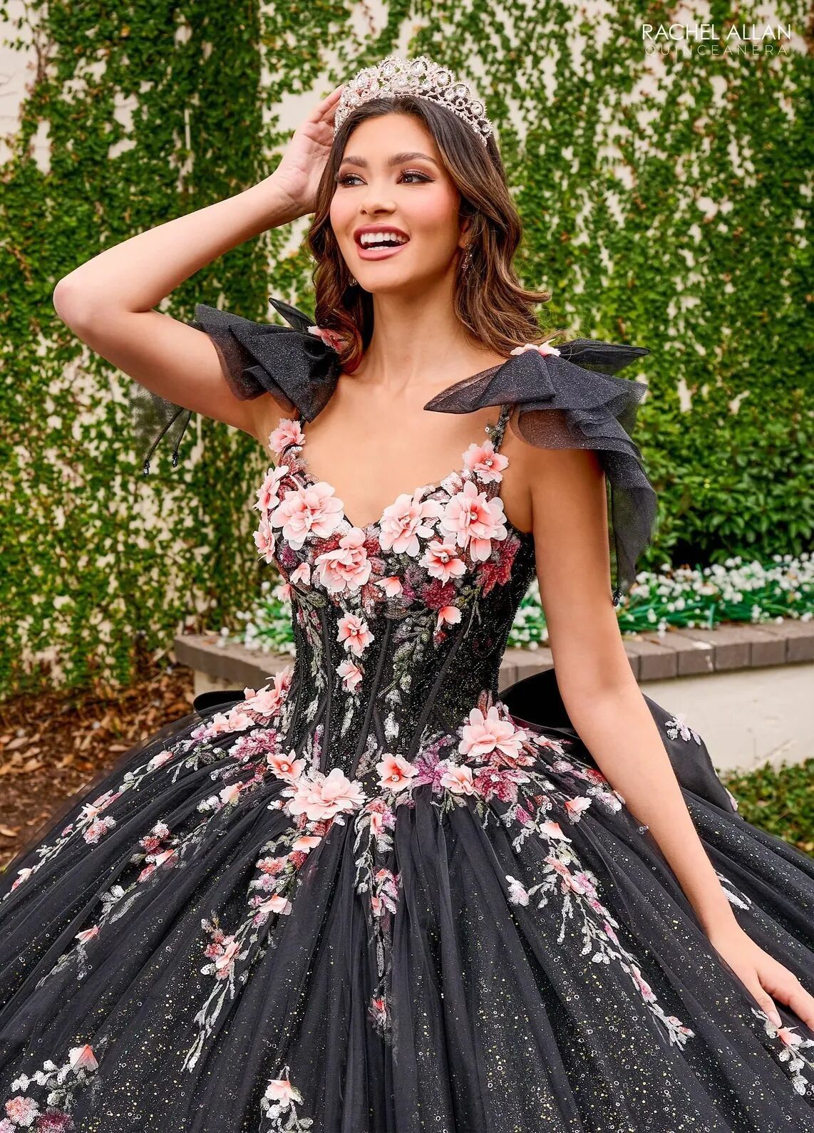 Black Multi Sweetheart Floor Length Tulle Quinceanera Ball Gown with Floral Applique Rachel Allan RQ3132