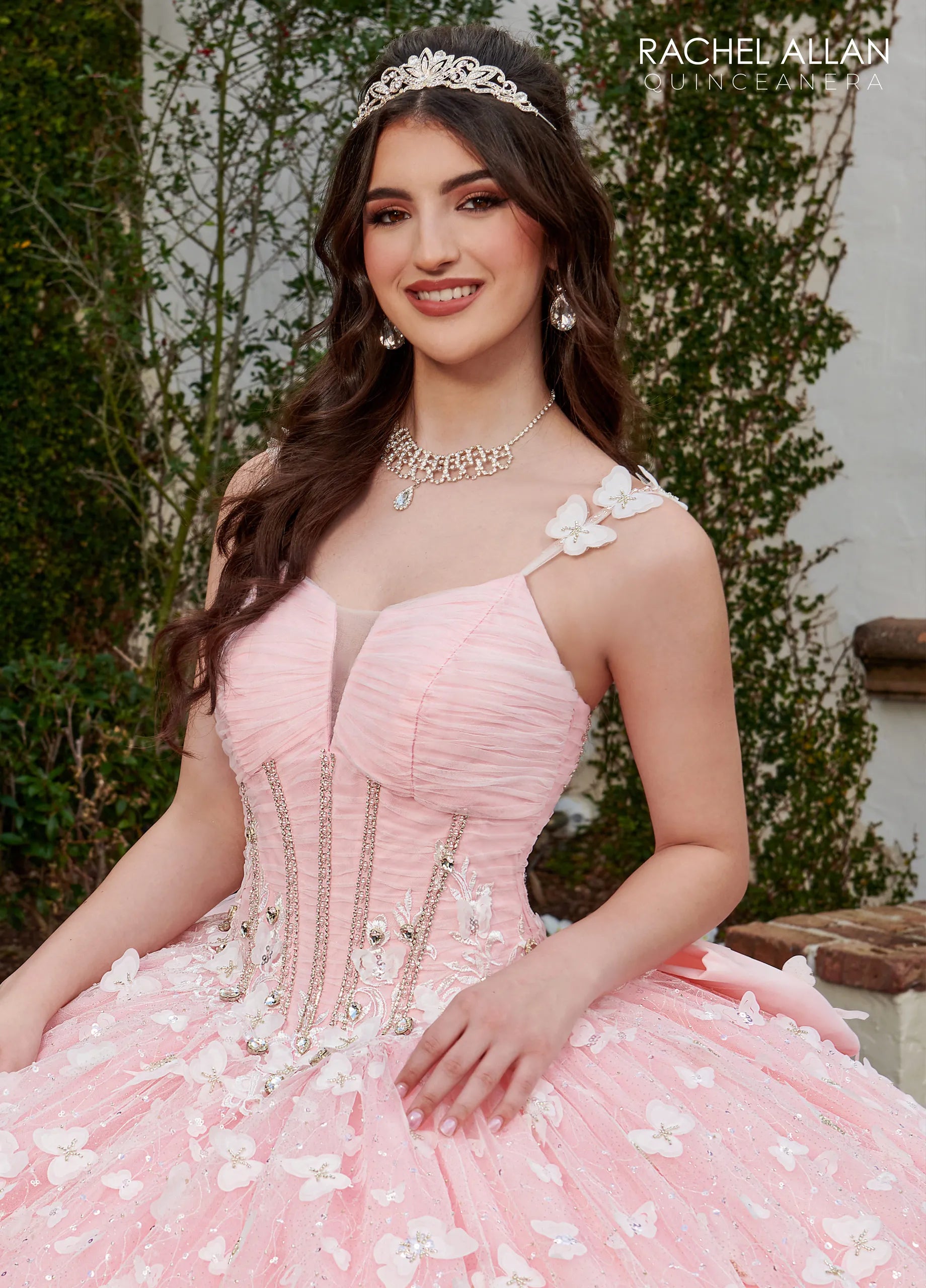 Pink Scoop Floor Length Tulle Quinceanera Ball Gown with 3D Butterfly Appliques Rachel Allan RQ3112