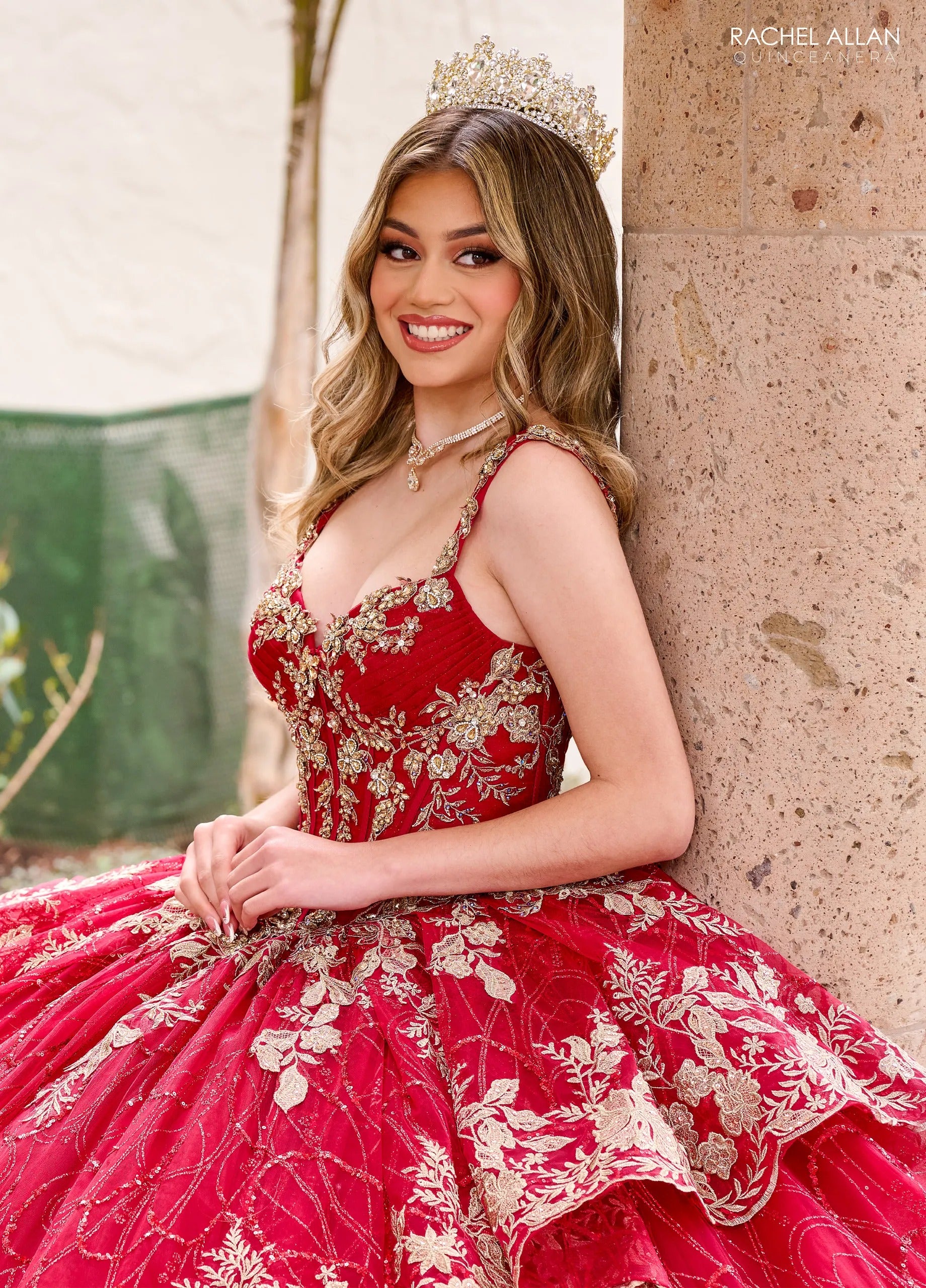 Burgundy Gold V Neck Floor Length Glitter Tulle Quinceanera Ball Gown with 3D Floral Applique Rachel Allan RQ3140