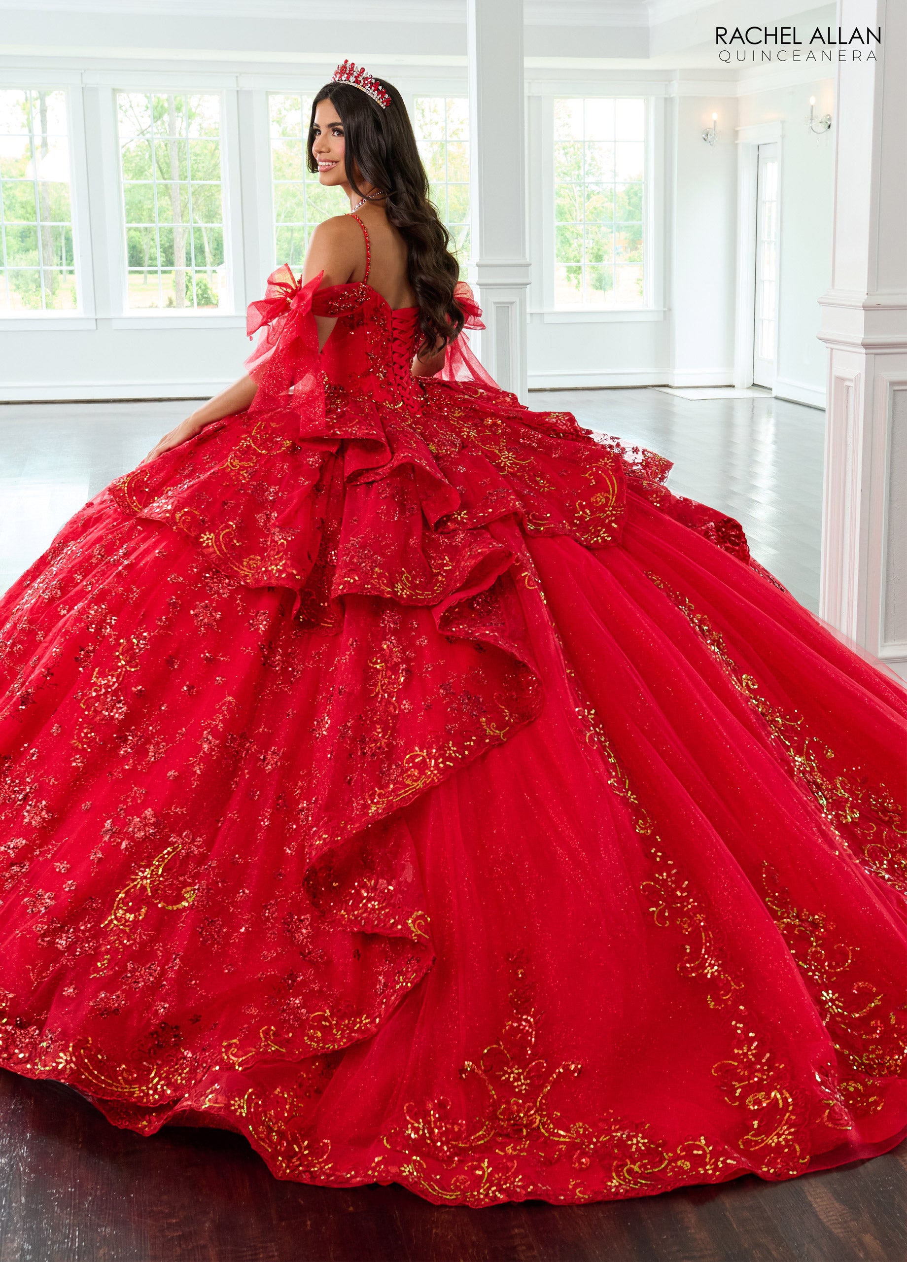Quinceniera Dresses Long Bow Glitter Ball Gown Quinceanera Dress Red