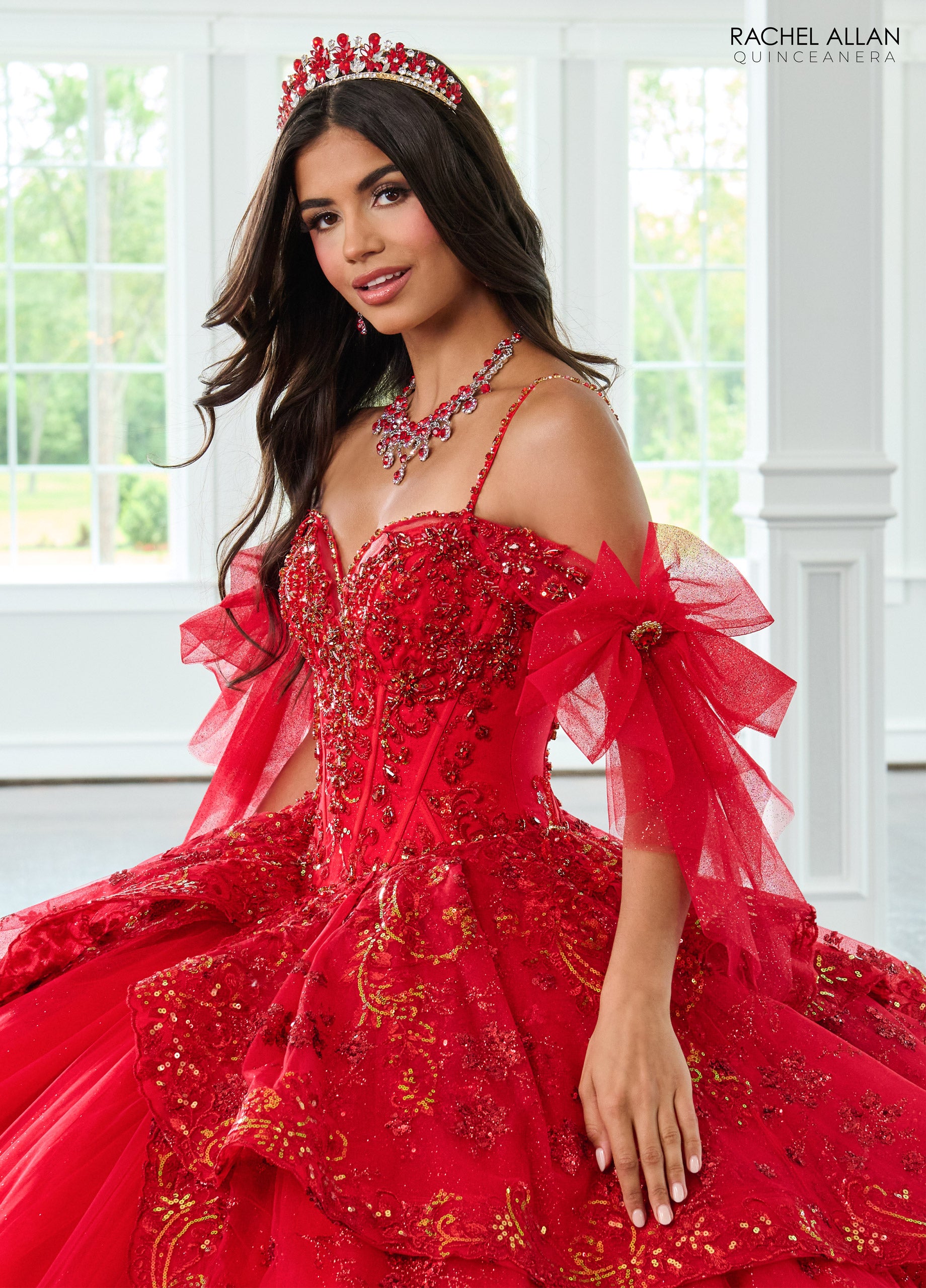 Quinceniera Dresses Long Bow Glitter Ball Gown Quinceanera Dress Red