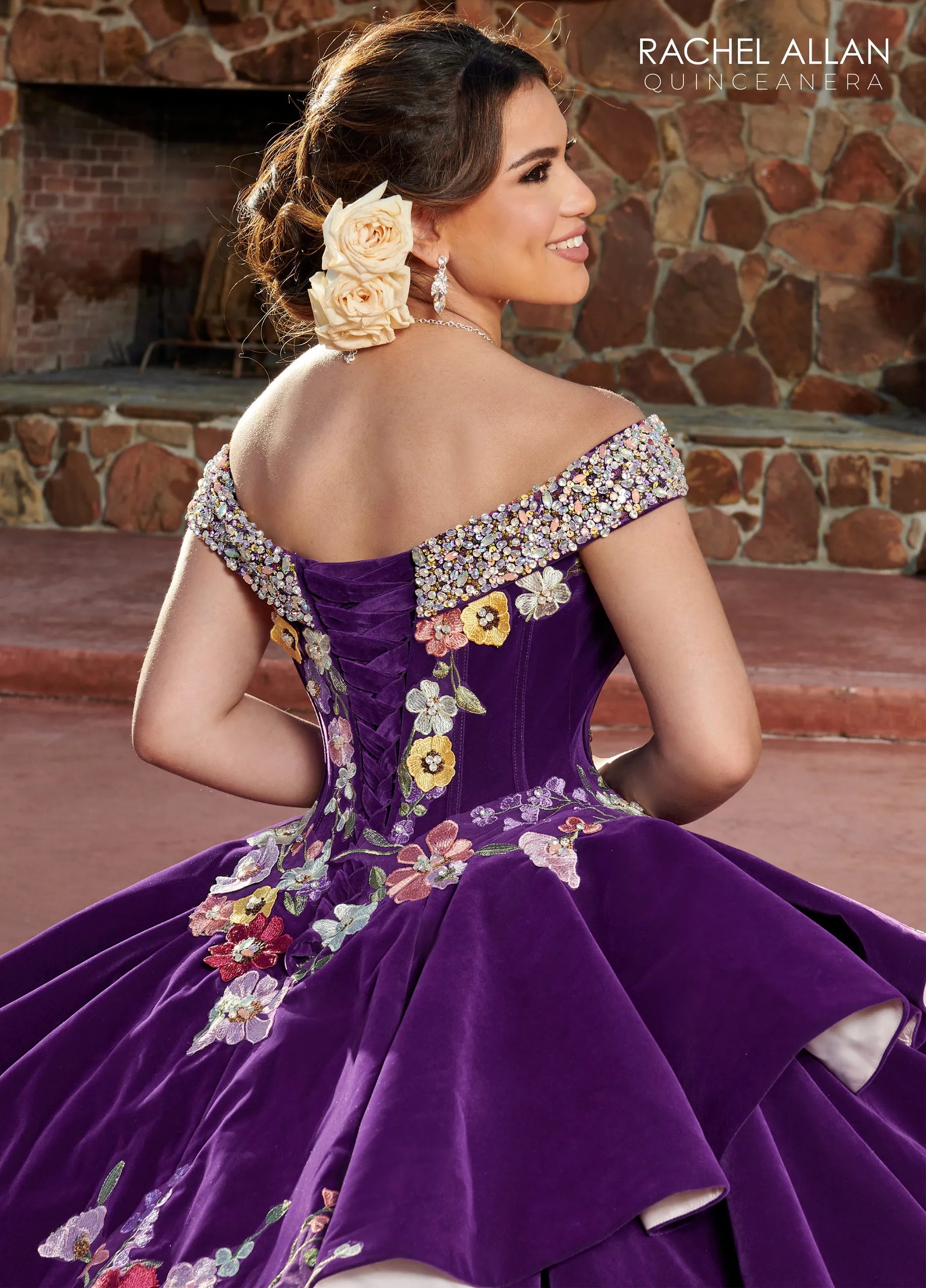 Purple Multi Off-the-Shoulder Floor-Length Velvet Organza Quinceanera Ball Gown with Floral Applique Rachel Allan RQ3111