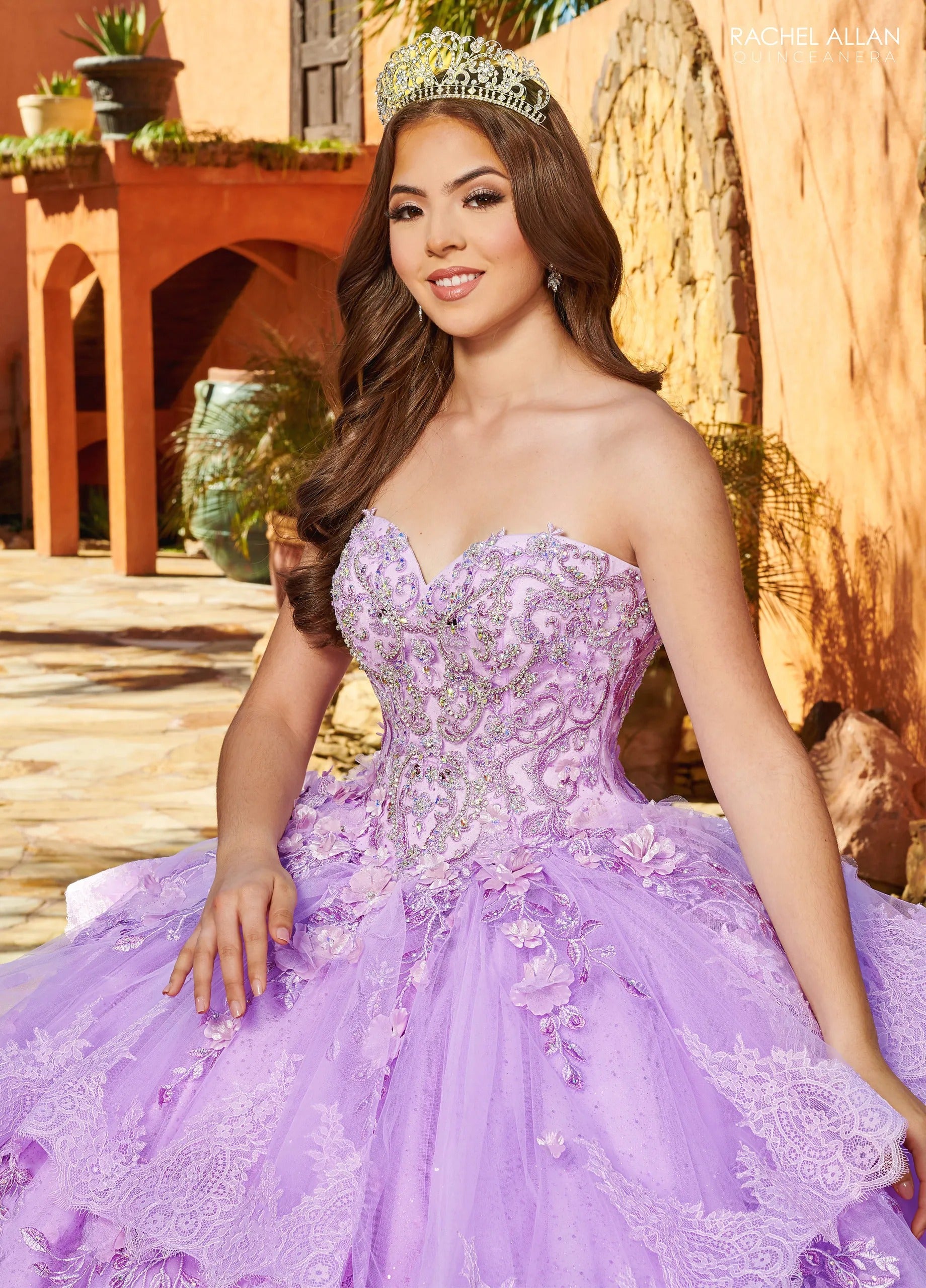 Lilac Sweetheart Floor Length Glitter Tulle Quinceanera Ball Gown with Ruffle Skirt Rachel Allan MQ3088