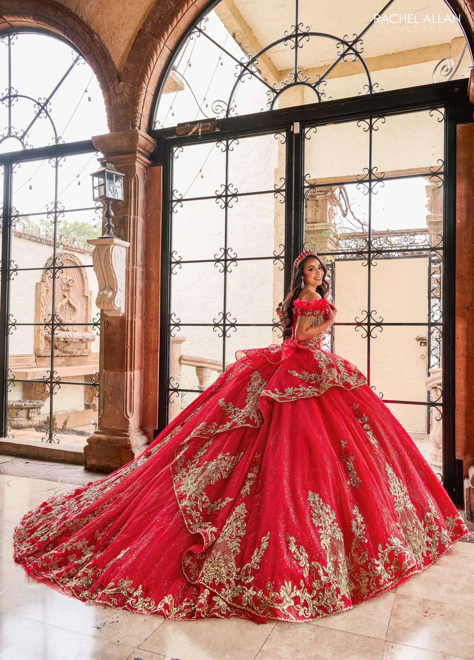 Red Gold Sweetheart Floor Length Glitter Tulle Quinceanera Ball Gown Rachel Allan RQ3137