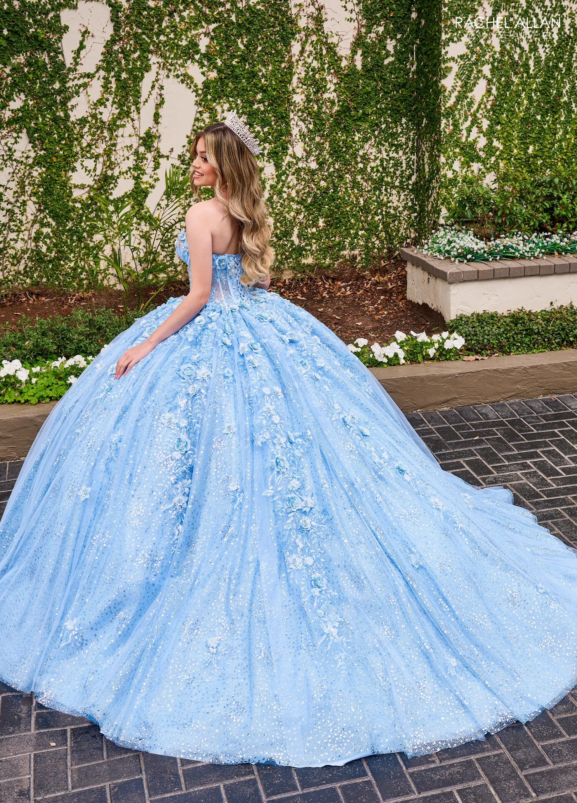 Light Blue Sweetheart Floor Length Sequin Tulle Quinceanera Ball Gown with Floral Applique Rachel Allan RQ3135