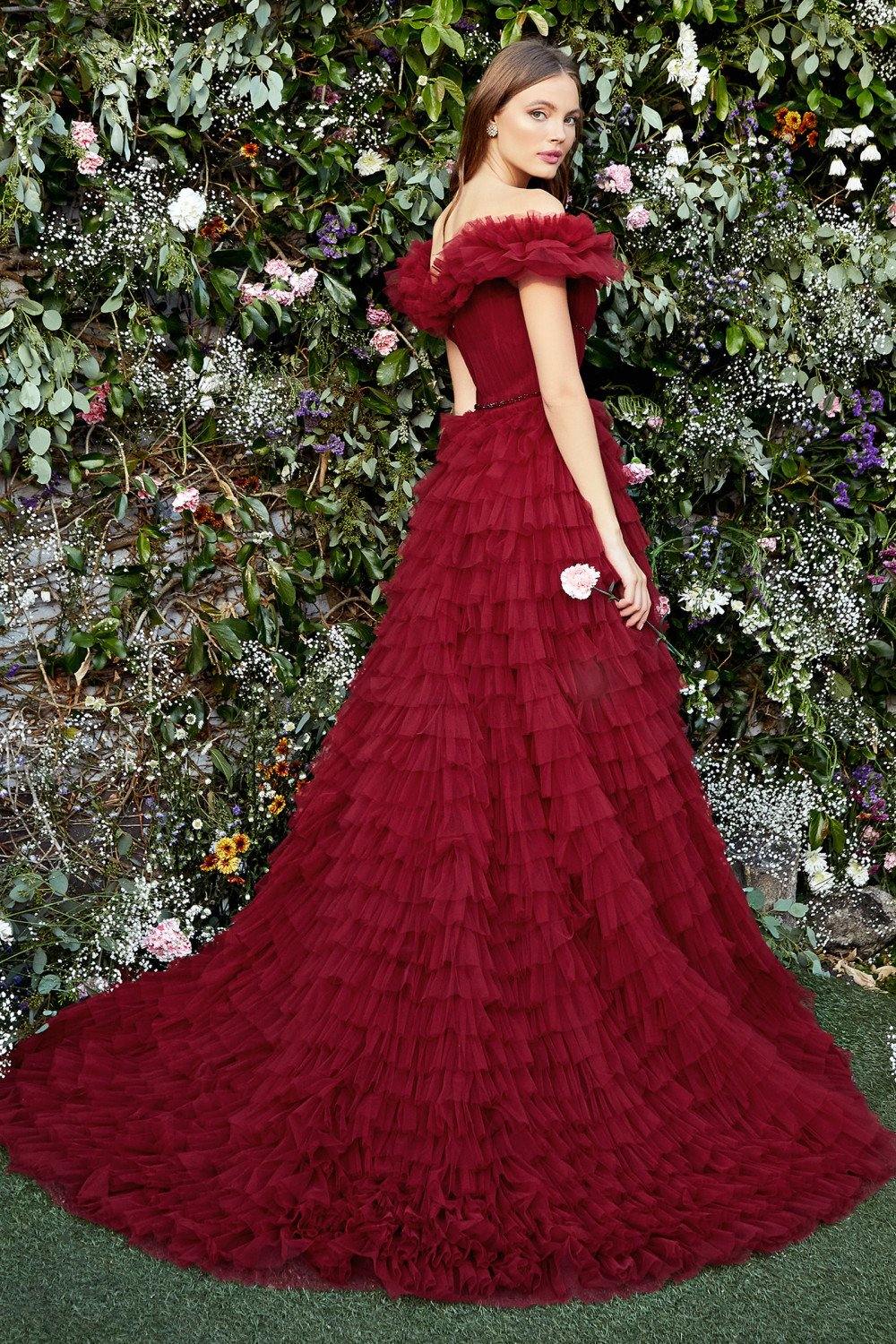 Andrea & Leo A1032 Ruffle Tulle Prom Dress Burgundy