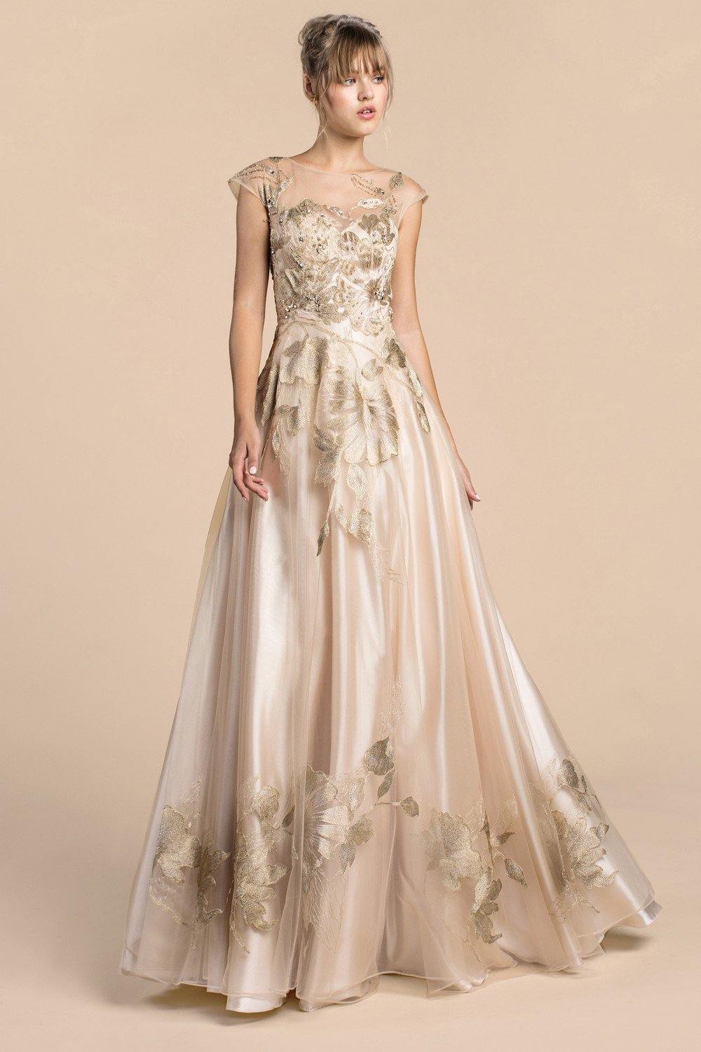 Andrea & Leo CDA0081 Metallic Flora Long Prom Dress Champagne