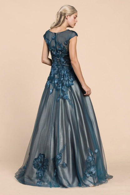 Andrea & Leo CDA0081 Metallic Flora Long Prom Dress Teal