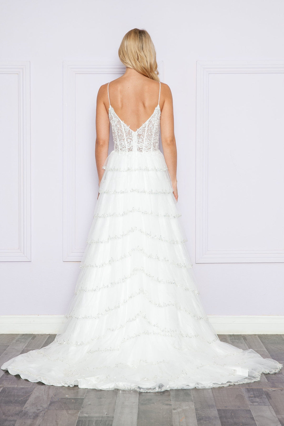 Off White V-Neck Glitter Floor Length Mesh Gown with Slit and Tiered Ruffle Skirt Poly USA 9404