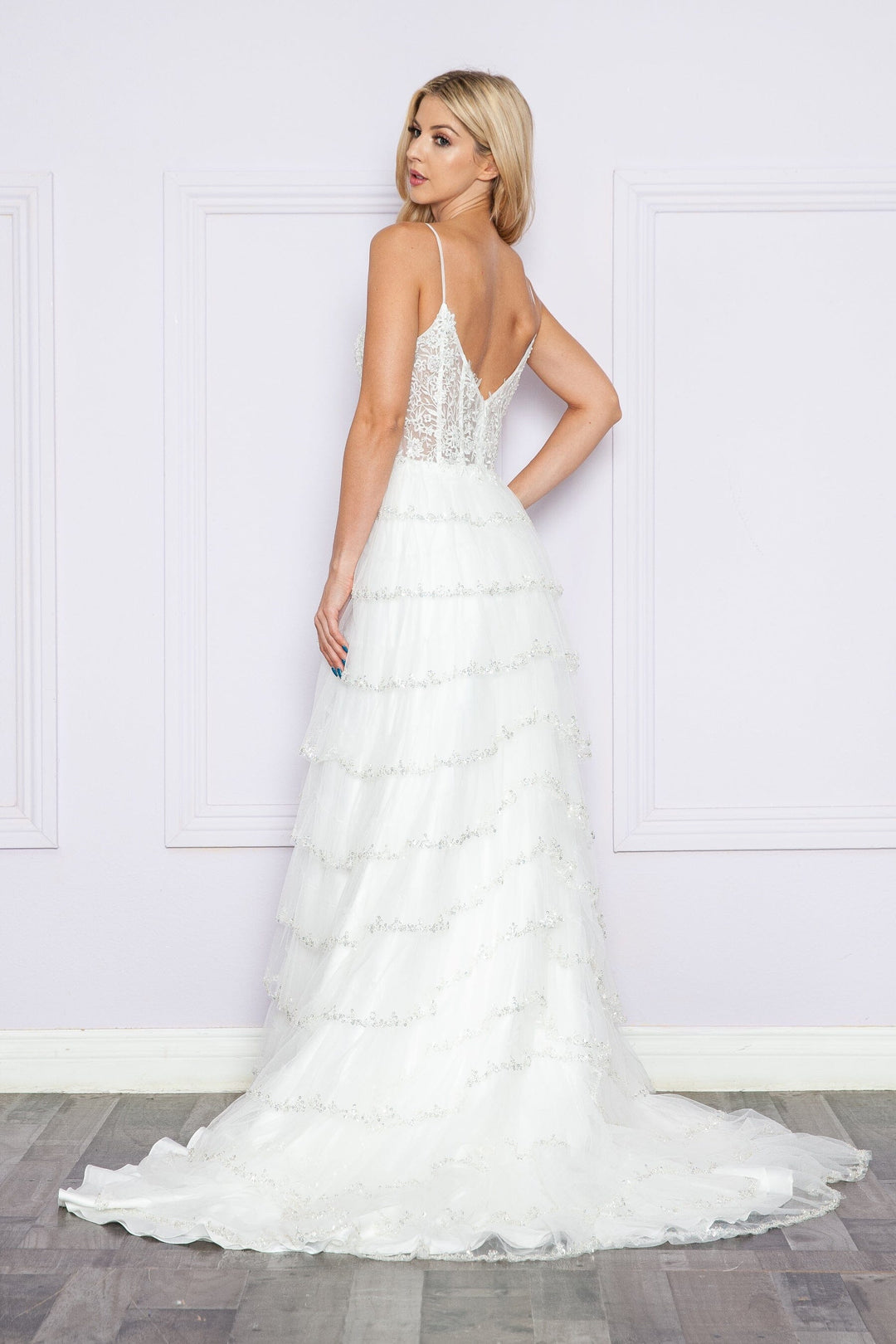 Off White V-Neck Glitter Floor Length Mesh Gown with Slit and Tiered Ruffle Skirt Poly USA 9404
