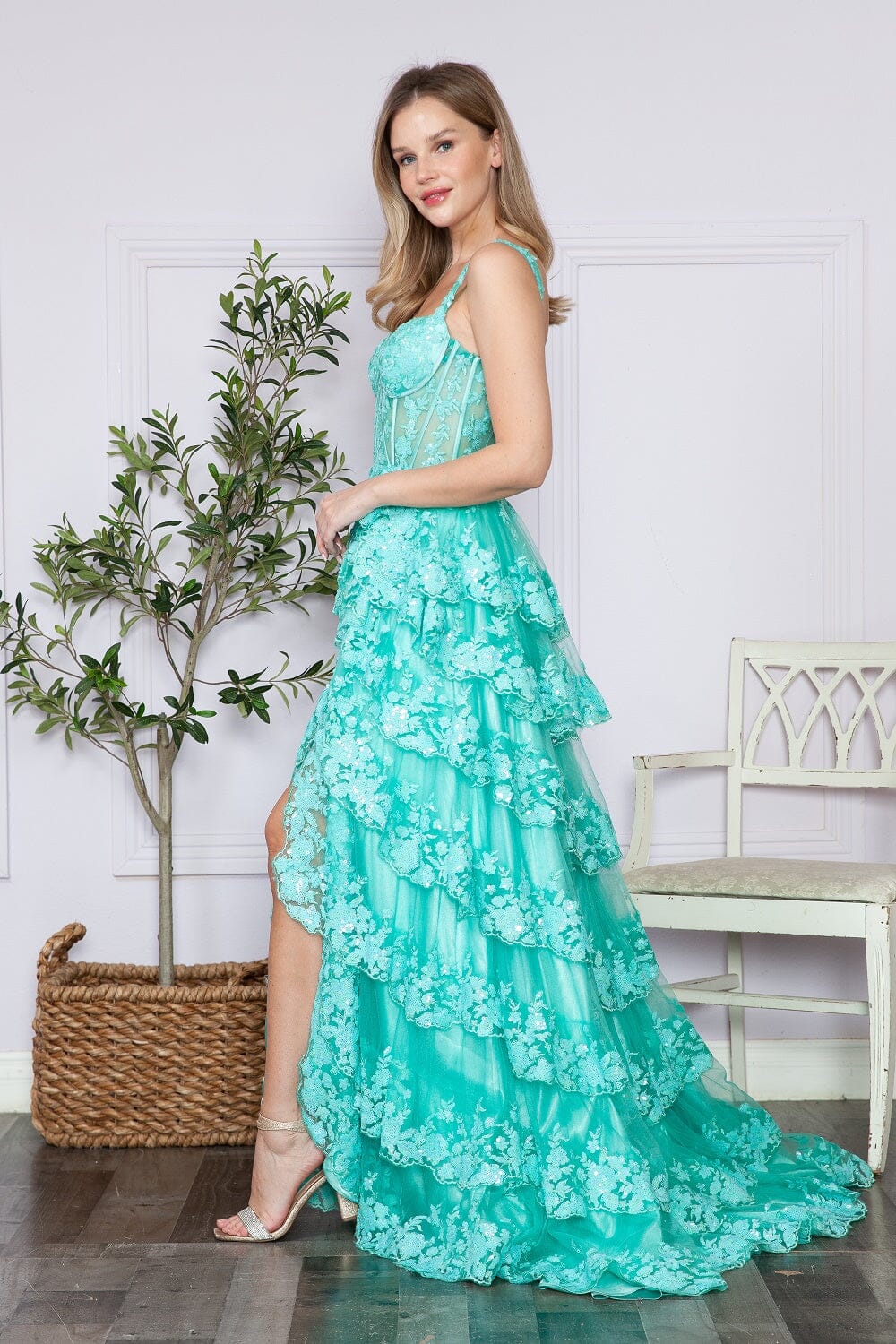 Light Green Applique Sleeveless Floor-Length Sequin Gown with High Slit Formal Gown Poly USA 9410
