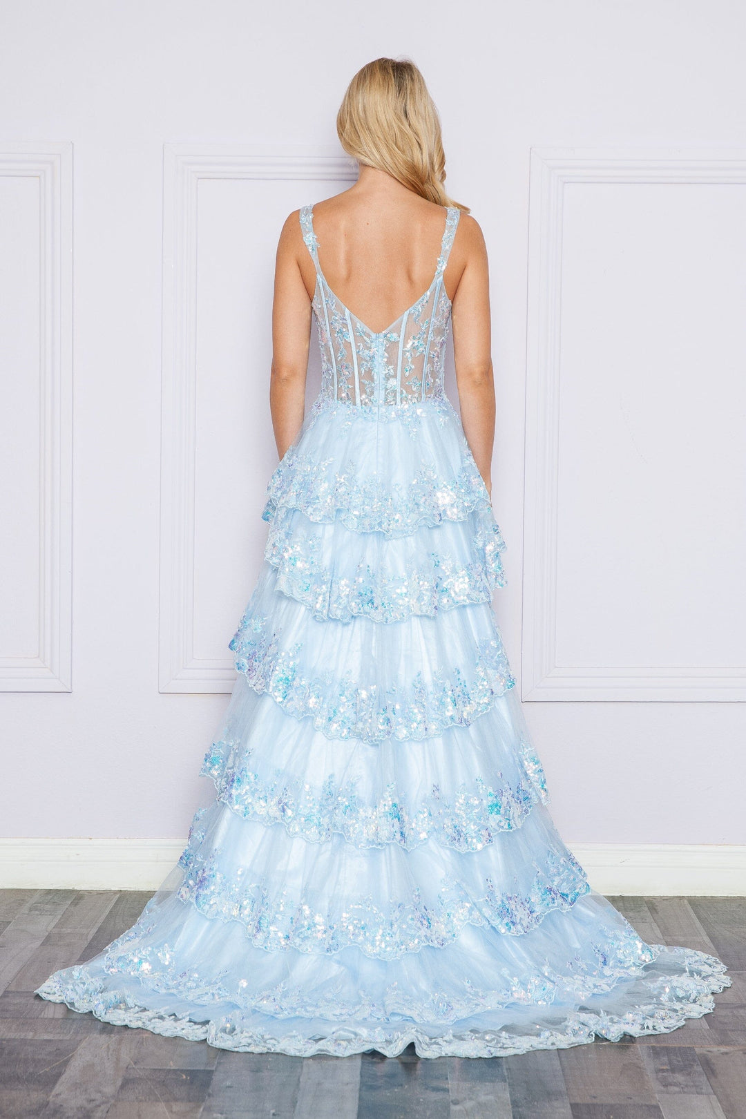 Blue Applique Sleeveless Floor-Length Sequin Gown with High Slit Formal Gown Poly USA 9410