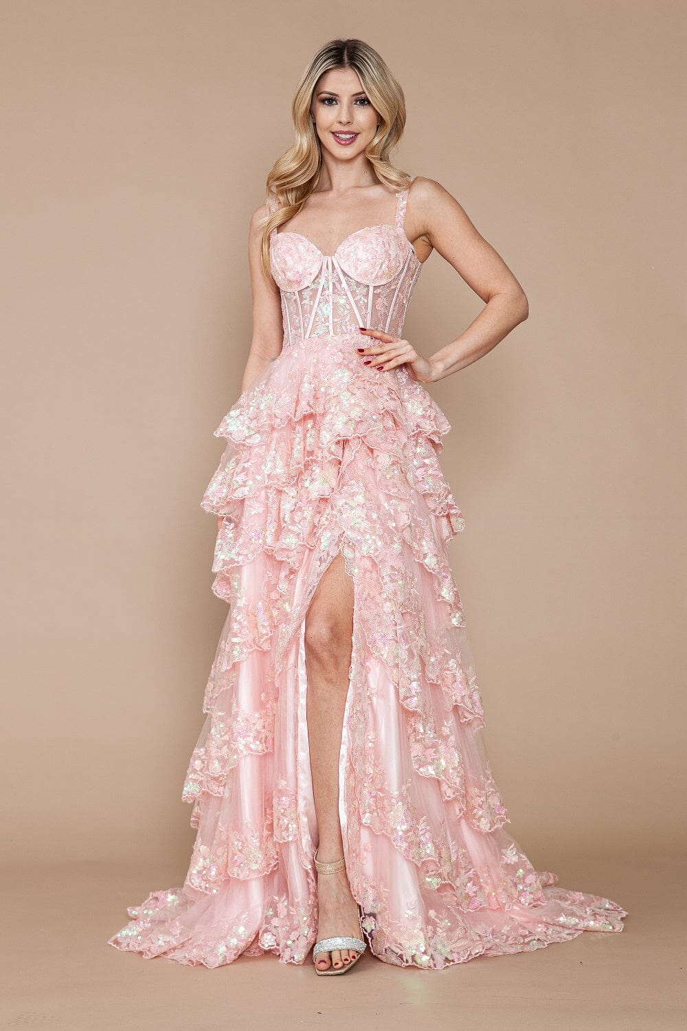 Blush Applique Sleeveless Floor-Length Sequin Gown with High Slit Formal Gown Poly USA 9410