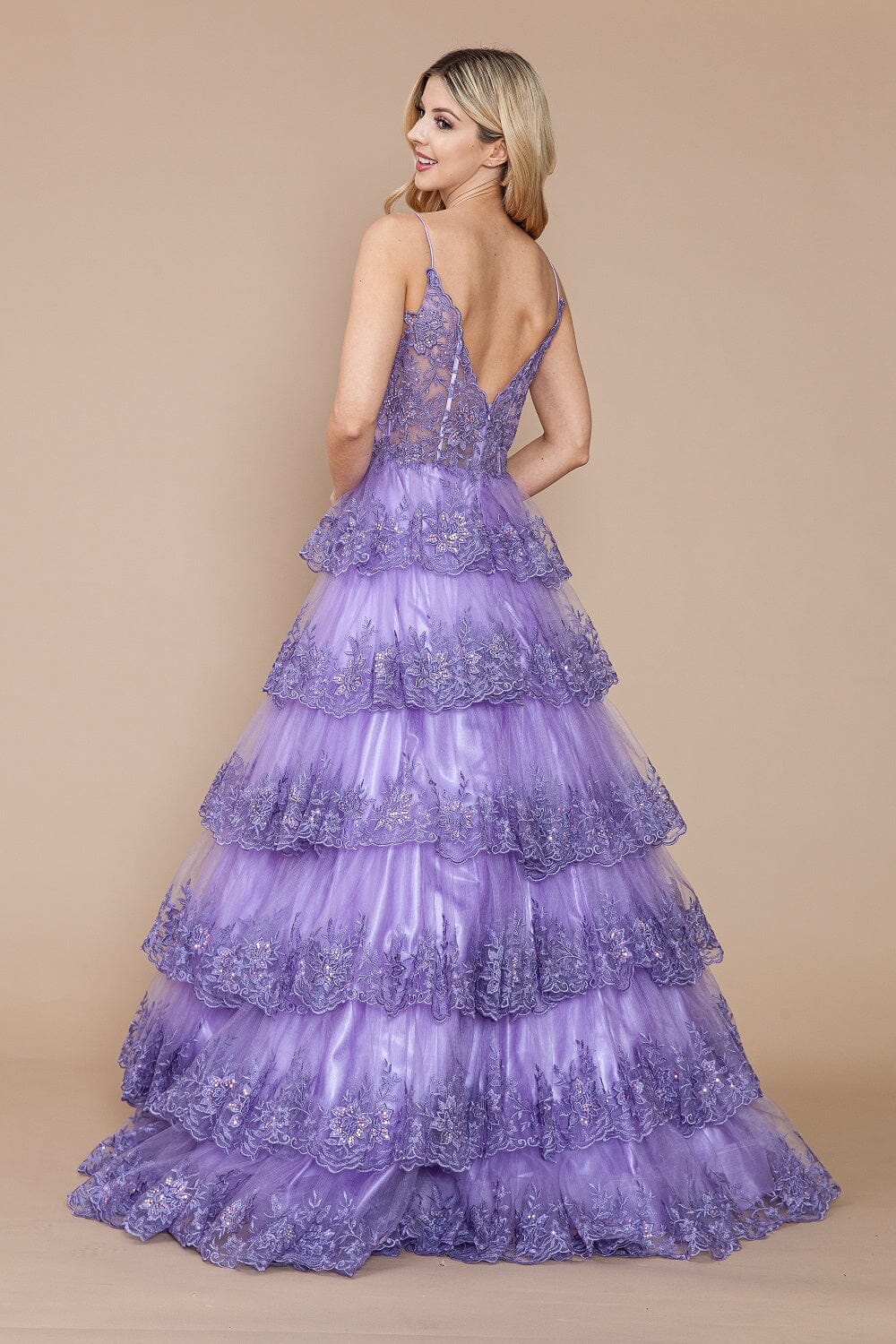 Lavender Applique Sleeveless Tiered Layered Gown with Slit Prom Dress Poly USA 9402 Poly USA 9402