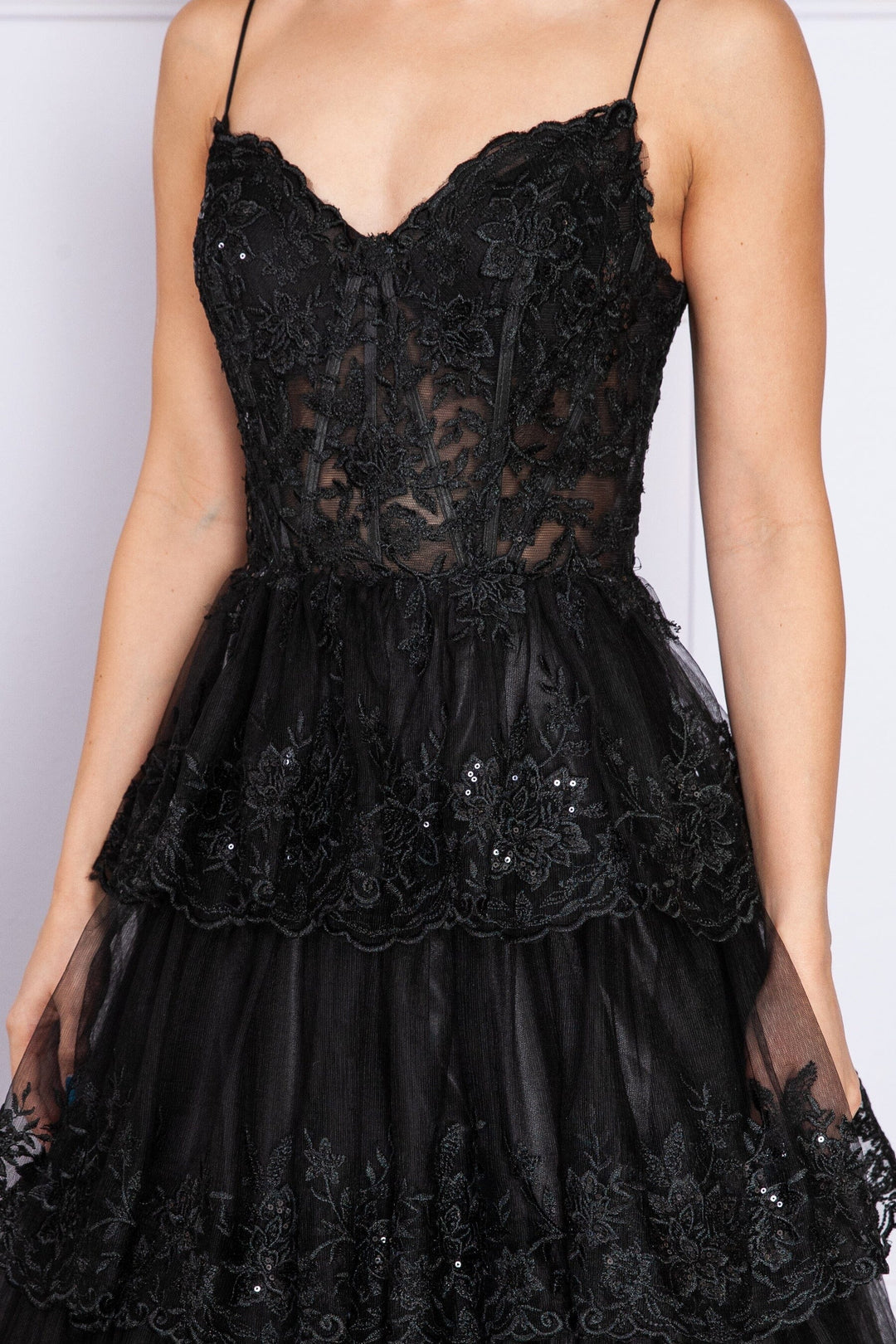 Black Applique Sleeveless Tiered Layered Gown with Slit Prom Dress Poly USA 9402 Poly USA 9402