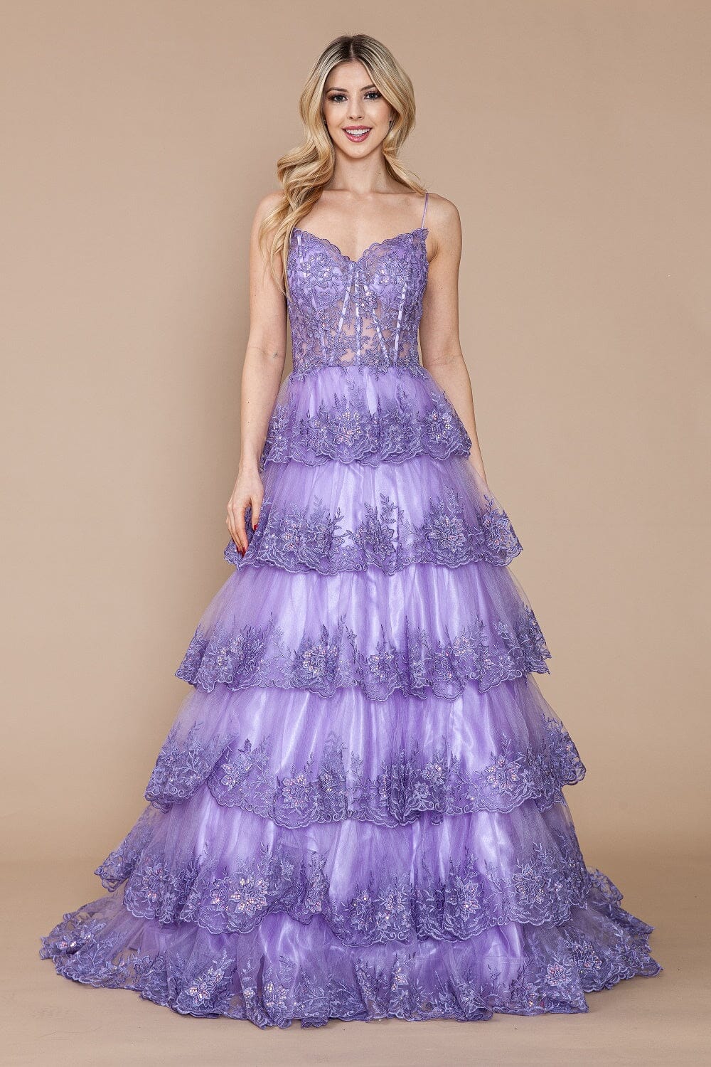 Lavender Applique Sleeveless Tiered Layered Gown with Slit Prom Dress Poly USA 9402 Poly USA 9402