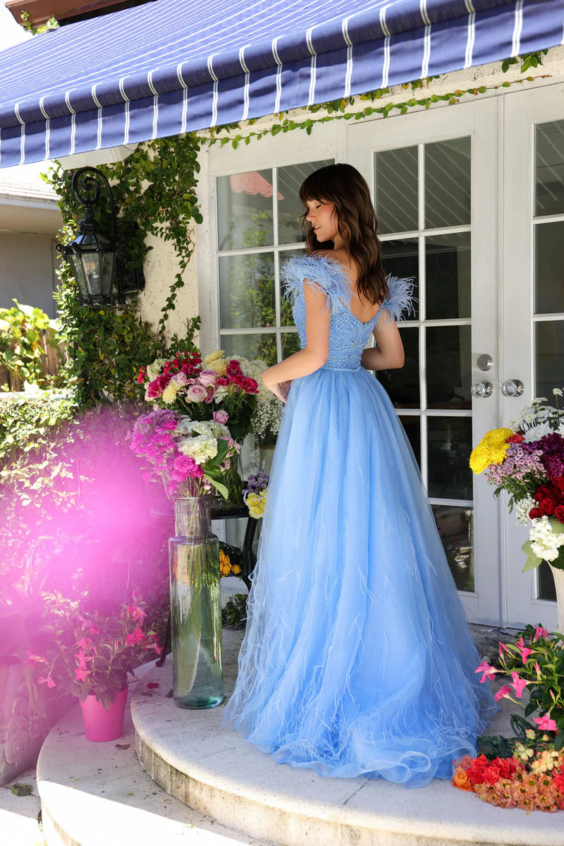 Prom Dresses Long Beaded Lace Formal Feather Prom Dress Light Blue