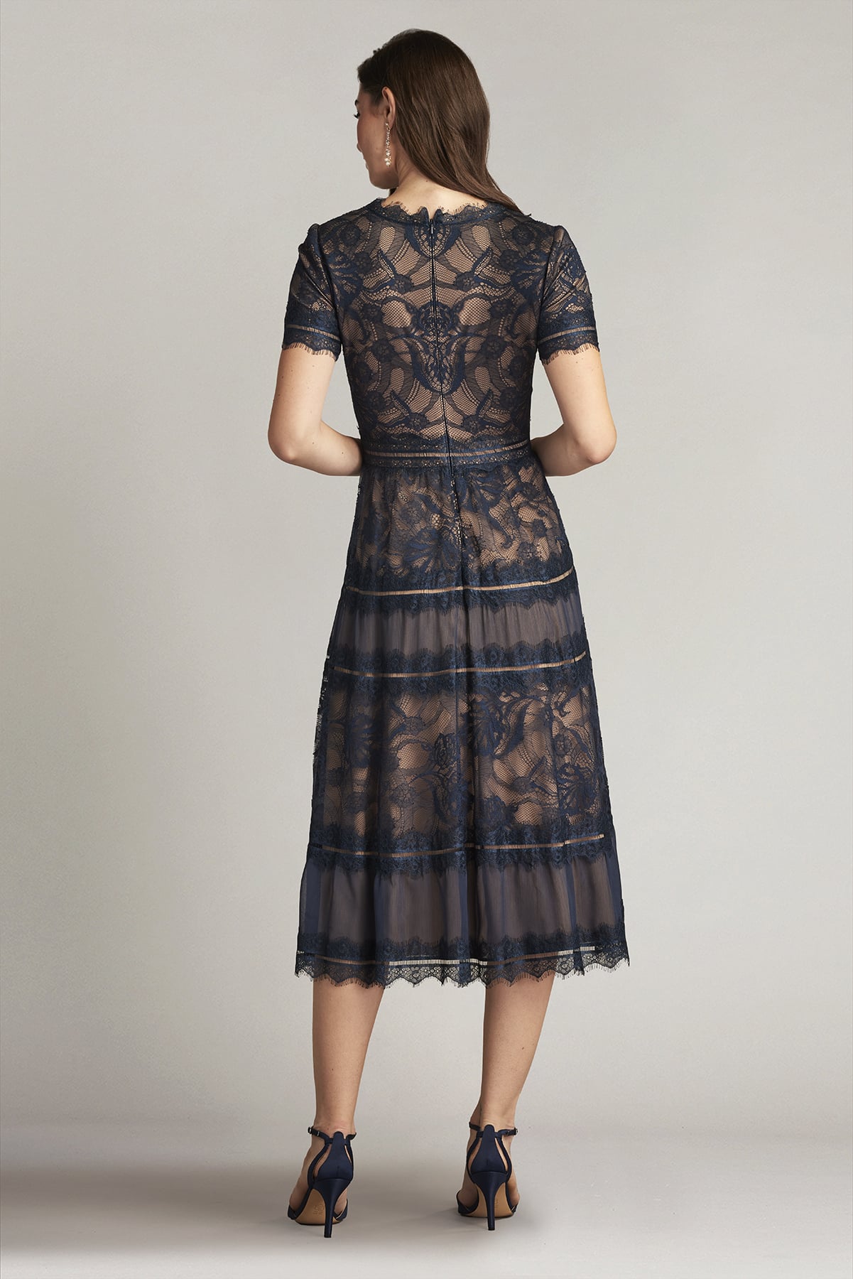 Navy/Nude V-Neck Tea-Length Lace Cocktail Dress with Illusion Flutter Sleeves Tadashi Shoji AWI20506MD