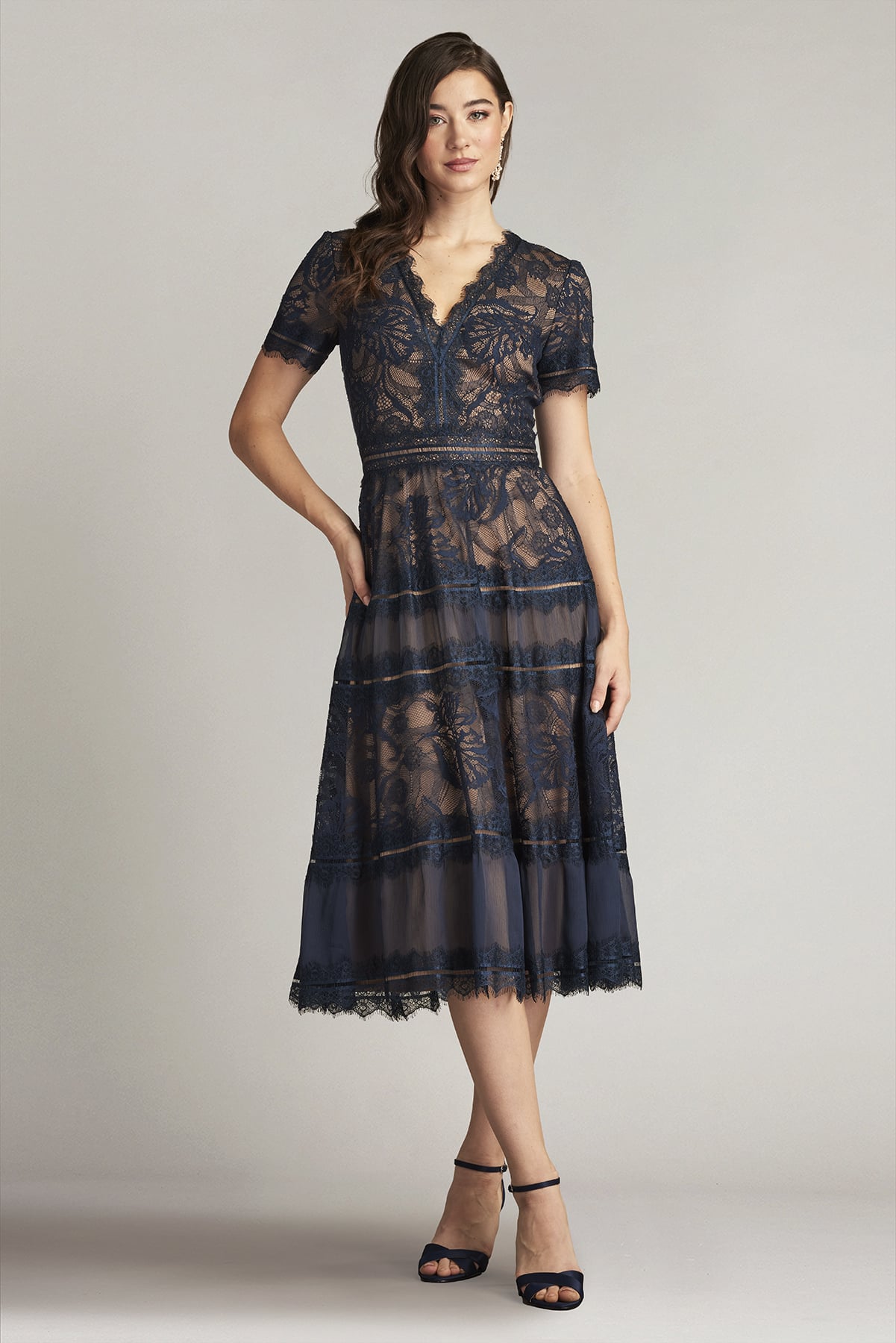 Navy/Nude V-Neck Tea-Length Lace Cocktail Dress with Illusion Flutter Sleeves Tadashi Shoji AWI20506MD