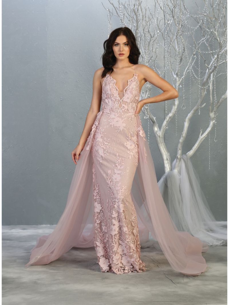 Mauve V-Neck Floor-Length Lace Prom Dress Overskirt May Queen RQ7823