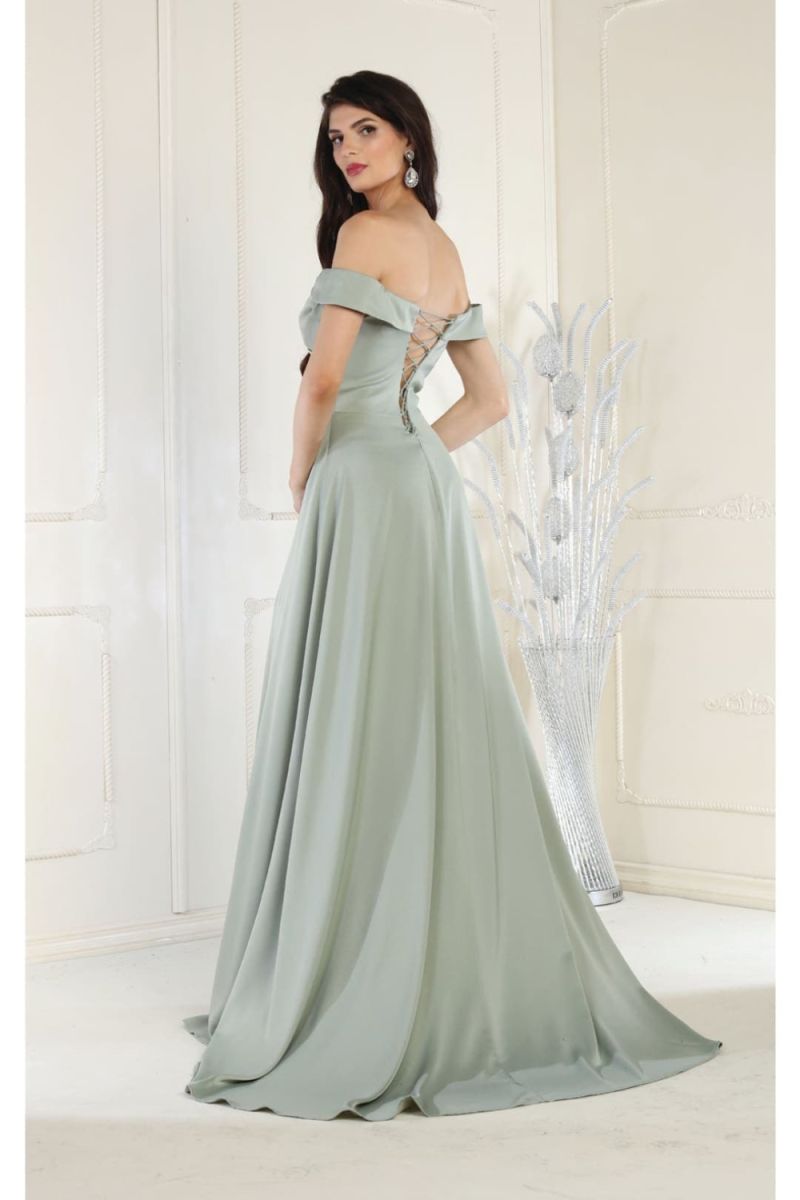 Sage Off-the-Shoulder Floor-Length Chiffon Formal High Slit Gown May Queen MQ1960