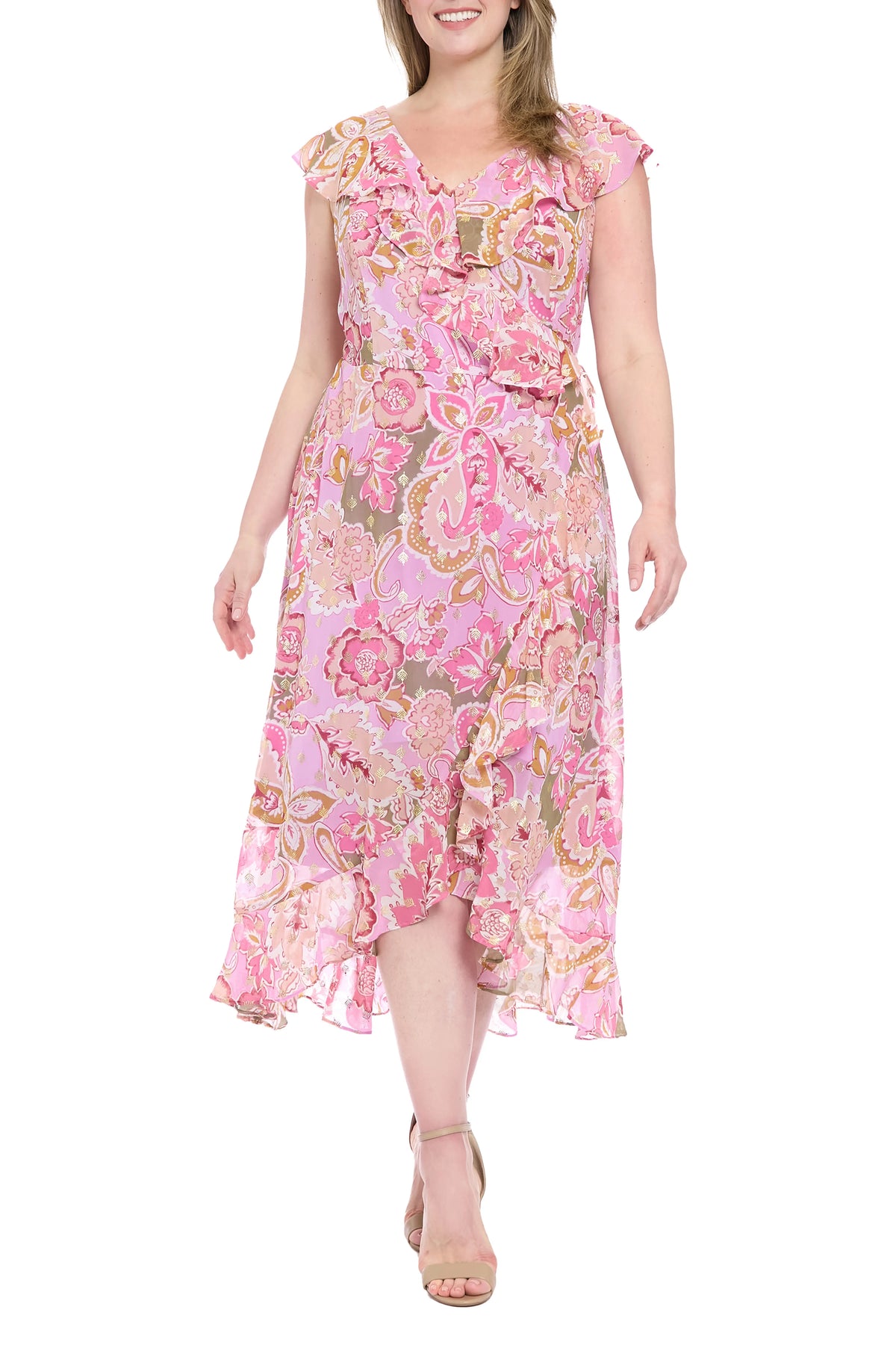 Metallic Flower Print Hi Lo Maxi Dress London Times T7922M