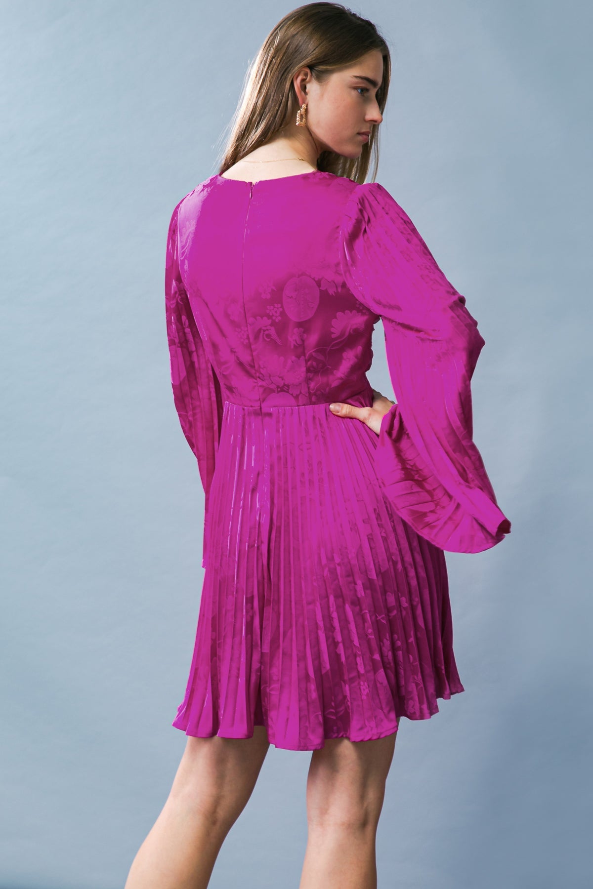 Cocktail Dresses Long Sleeve Short Pleated Formal Cocktail Dress Flying Tomato ID20585 Magenta