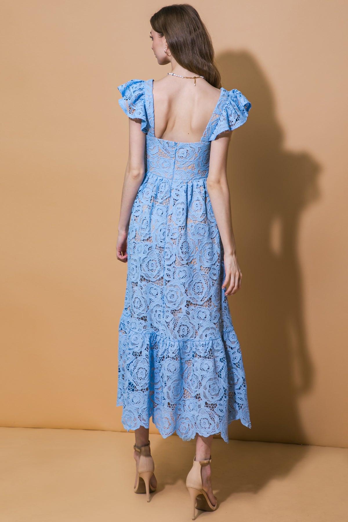 Baby Blue Square Neck Midi-Length Lace Cocktail Dress Floral Flying Tomato ID20631