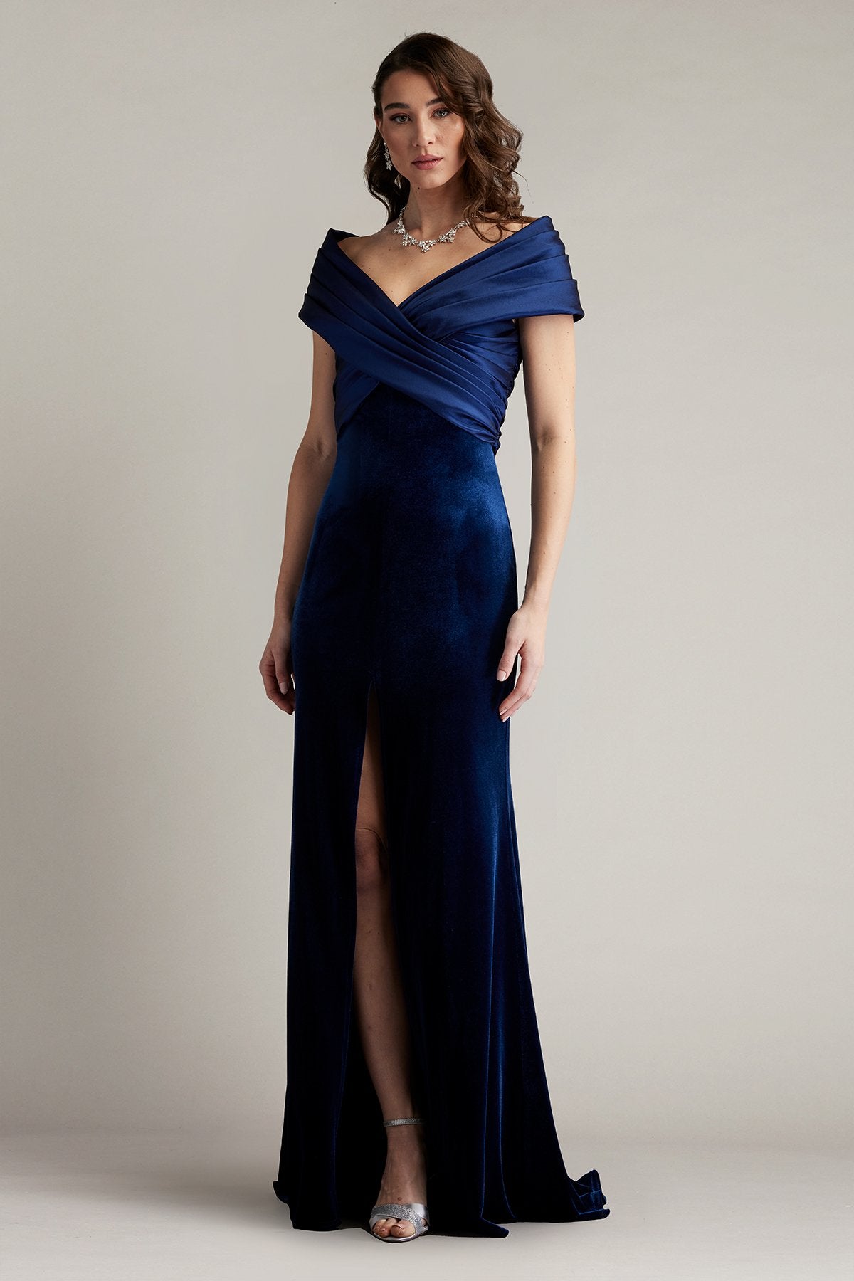 Formal Dresses Pleated Long Formal Velvet Evening Dress Navy