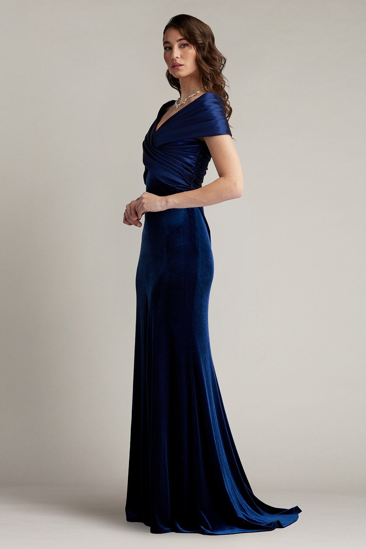 Formal Dresses Pleated Long Formal Velvet Evening Dress Navy