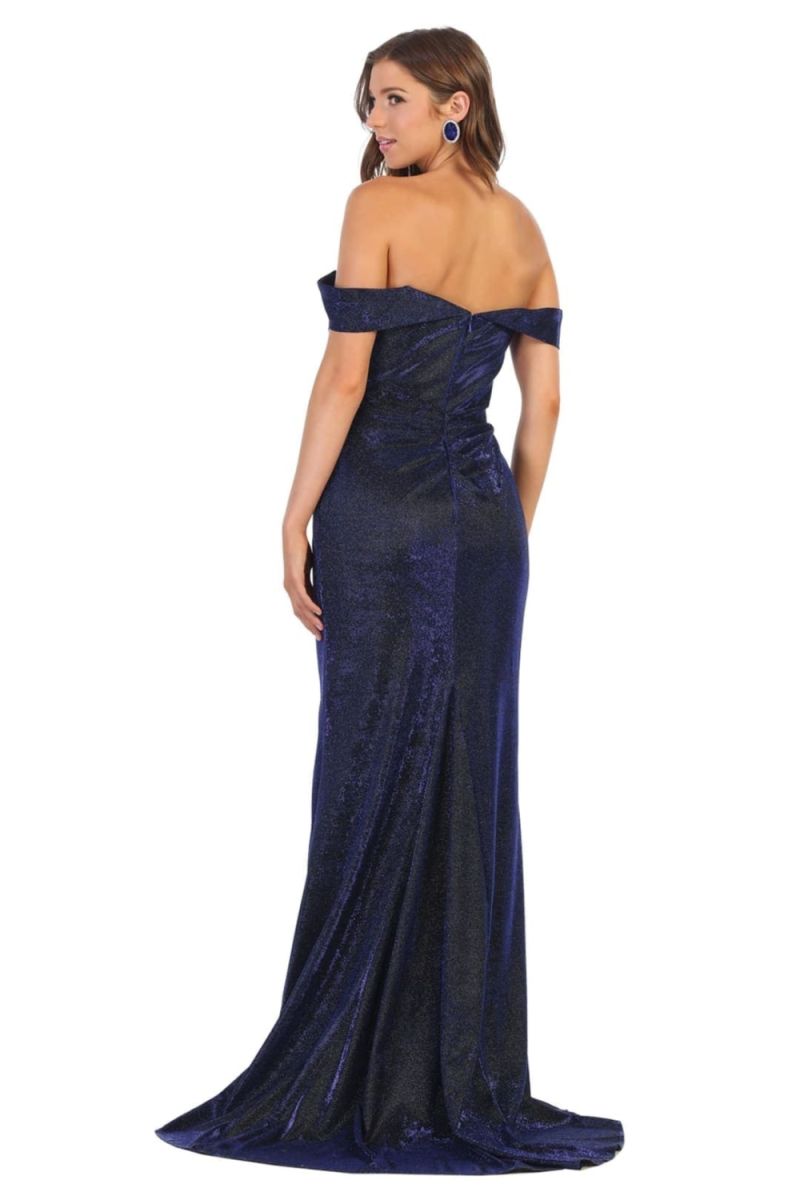 Navy/Multi Off-the-Shoulder Floor-Length Metallic Prom Dress High Slit May Queen MQ1724