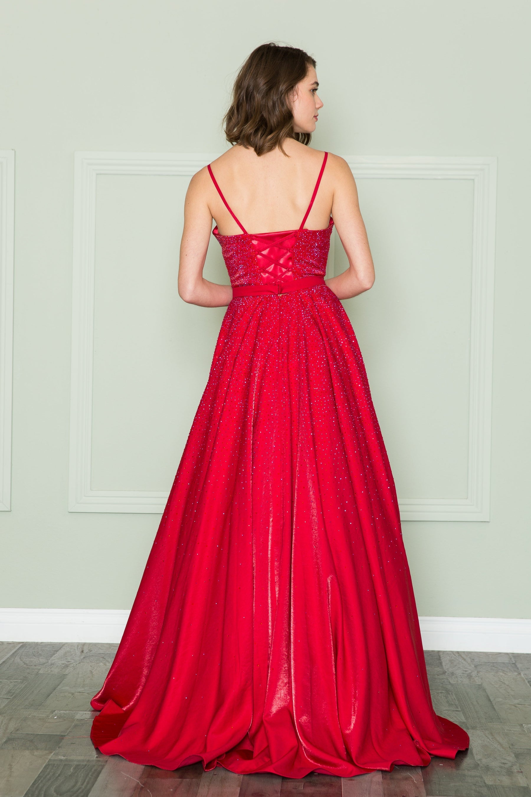 Red V-Neck Floor-Length Sequin Prom Dress with Side Slit Poly USA 8888