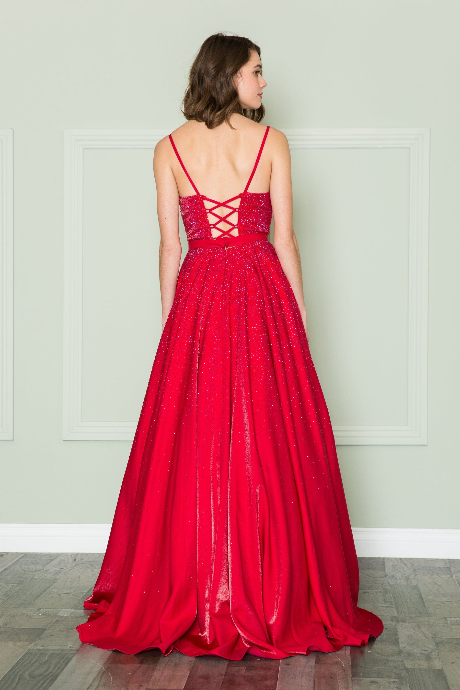 Red V-Neck Floor-Length Sequin Prom Dress with Side Slit Poly USA 8888