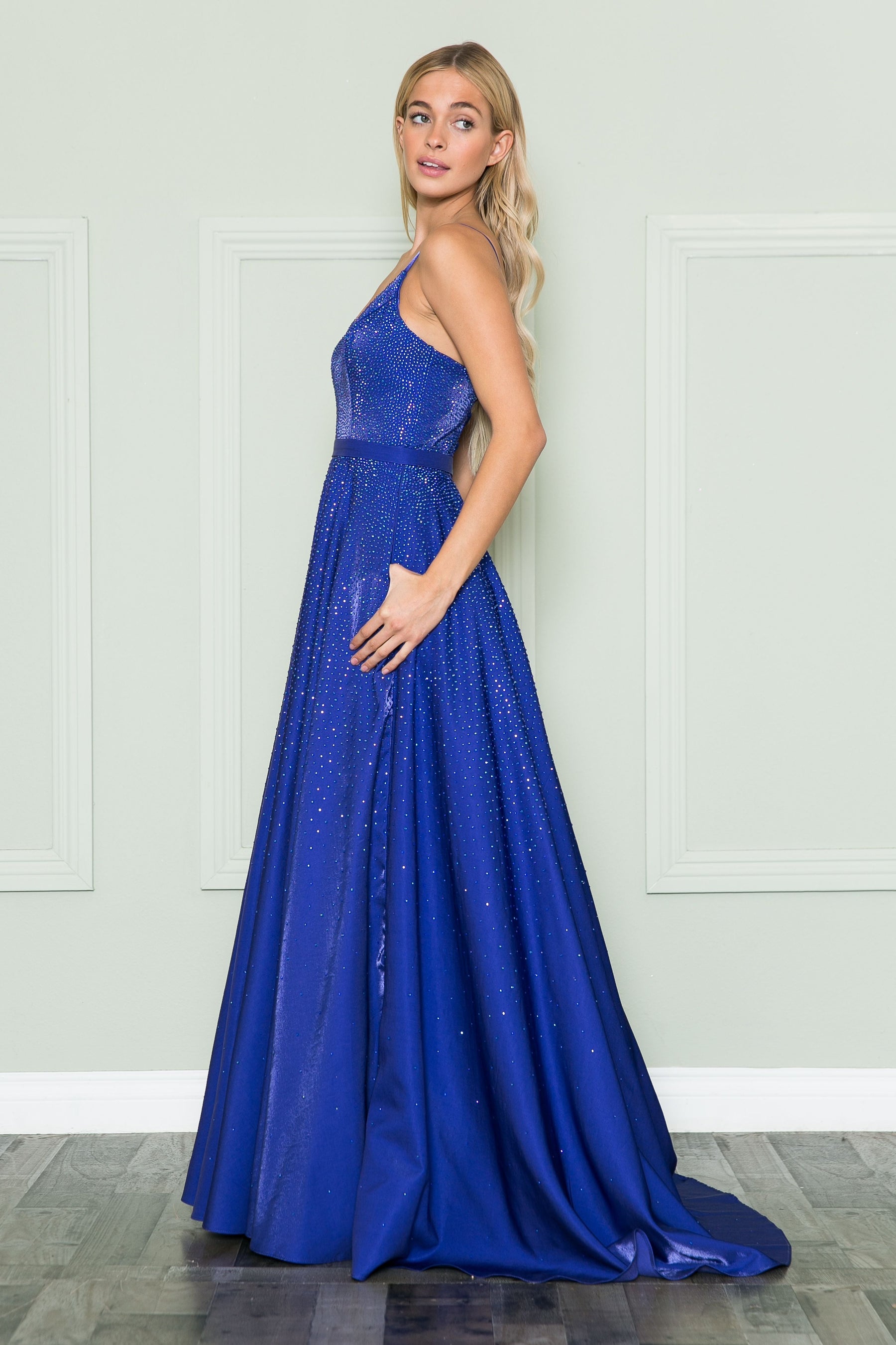 Royal V-Neck Floor-Length Sequin Prom Dress with Side Slit Poly USA 8888