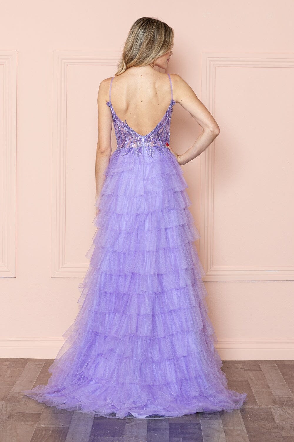 Lavender V-Neck Floor-Length Beaded Sequin Gown with High Slit Poly USA 9408