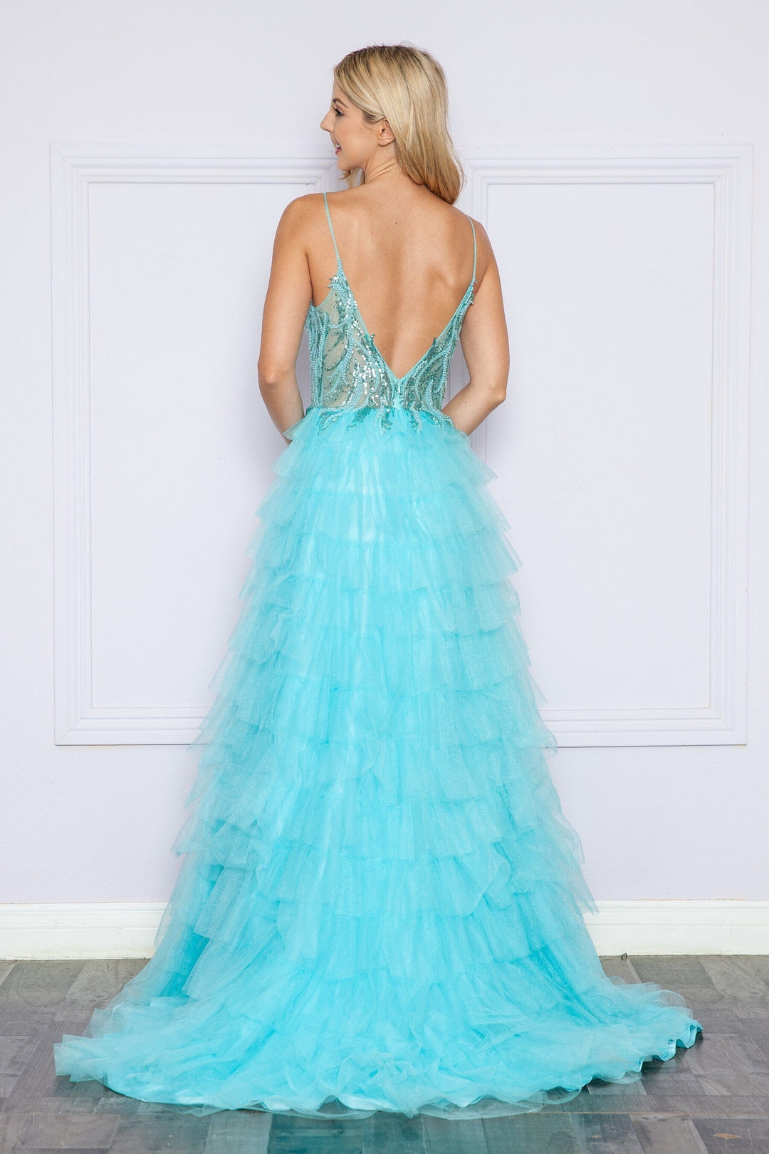 Aqua V-Neck Floor-Length Beaded Sequin Gown with High Slit Poly USA 9408
