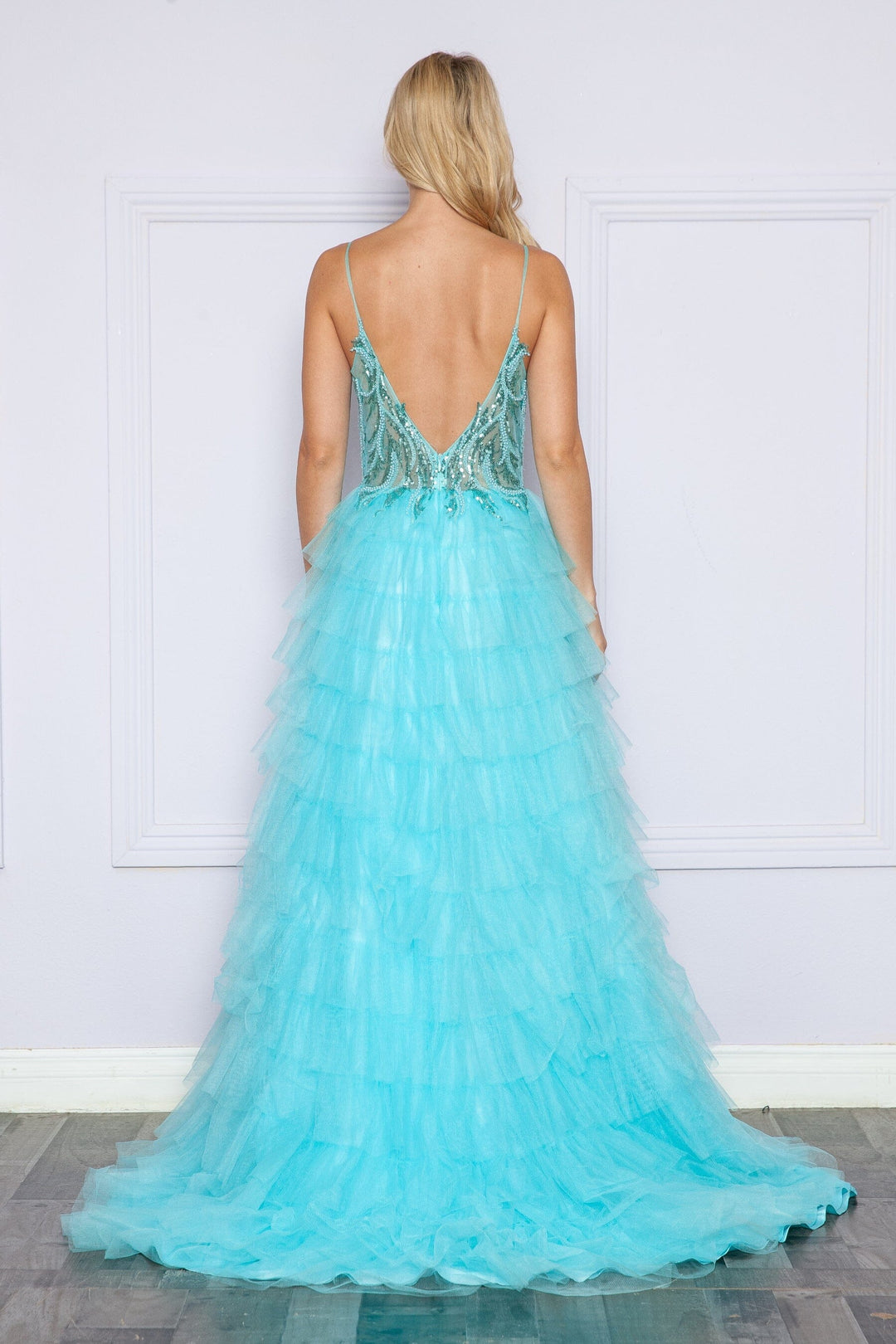 Aqua V-Neck Floor-Length Beaded Sequin Gown with High Slit Poly USA 9408
