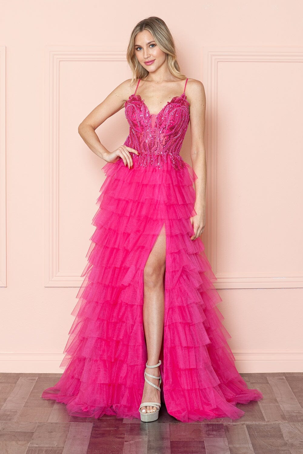 Pink V-Neck Floor-Length Beaded Sequin Gown with High Slit Poly USA 9408
