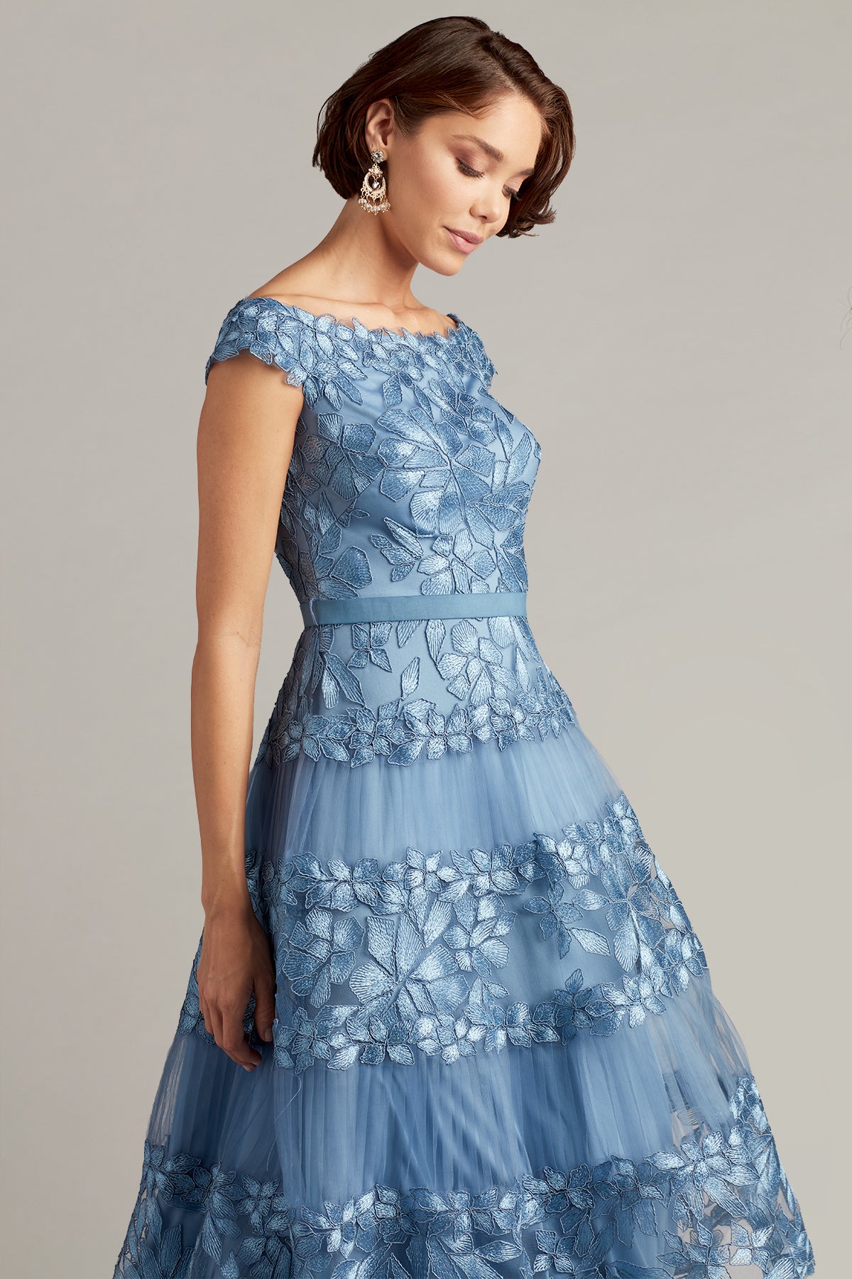 Cocktail Dresses Short Floral Tea Length A Line Cocktail Dress Tadashi Shoji BLA19999MD Blue Stone