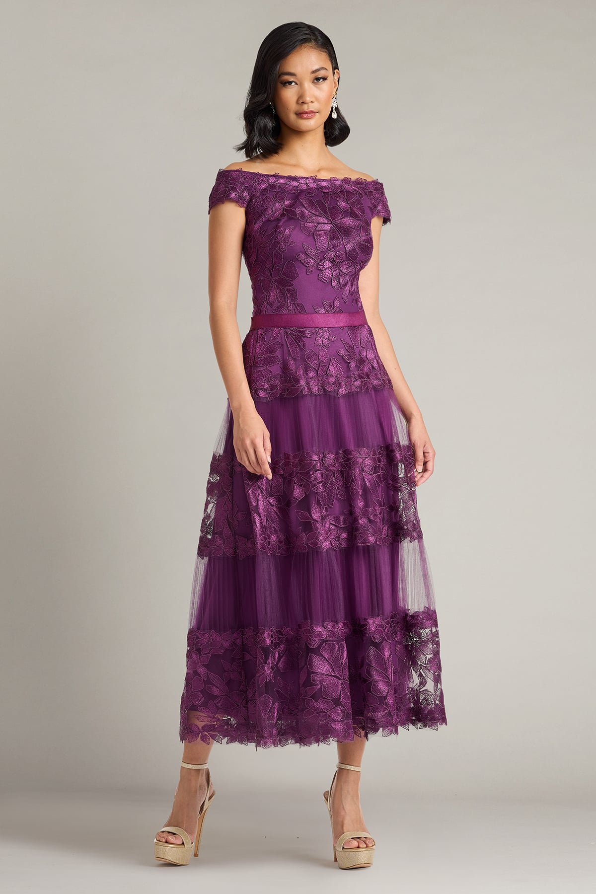 Cocktail Dresses Short Floral Tea Length A Line Cocktail Dress Tadashi Shoji BLA19999MD Deep Amethyst