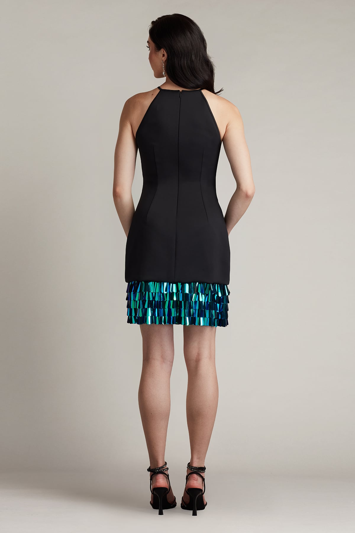 Black Halter Mini Scuba Cocktail Dress with Tiered Sequin Fringe Tadashi Shoji BLN19260S