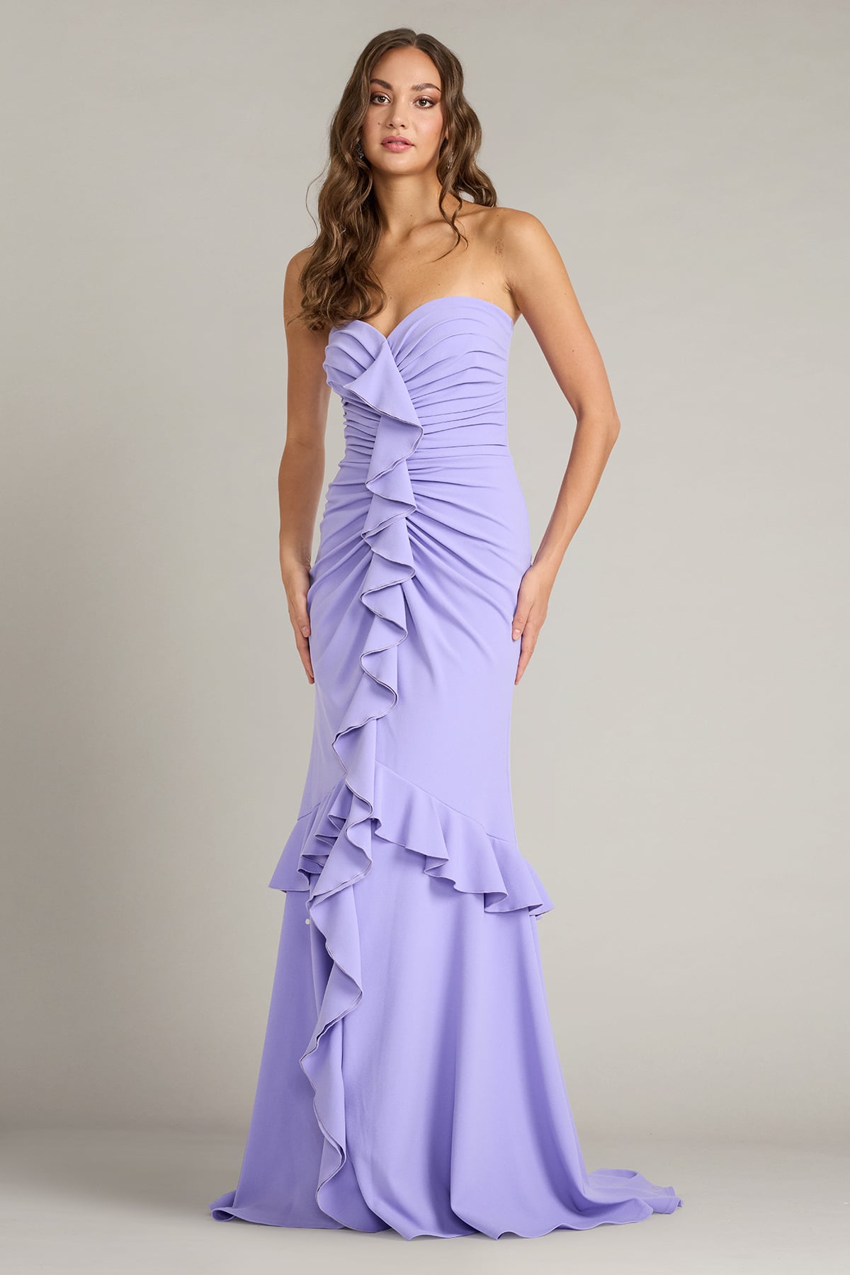 Lavender Mist Sweetheart Floor-Length Scuba Formal Gown with Cascading Ruffles Tadashi Shoji BOS20390L