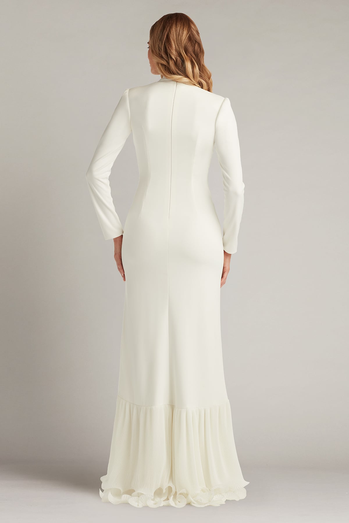 Wedding Dresses Long Sleeve Ruffle 3D Floral Pleated Prom Dress Tadashi Shoji BOS24382LBR Ivory