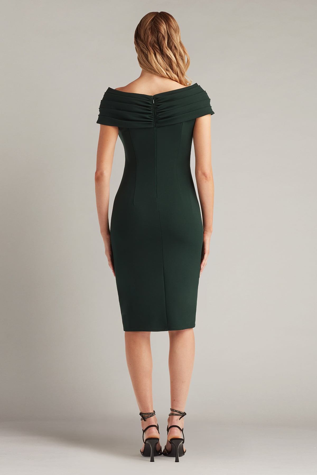 Cocktail Dresses Short Fitted Mini Pleated Ruffle Cocktail Dress Tadashi Shoji BOS24448M Dark Forest