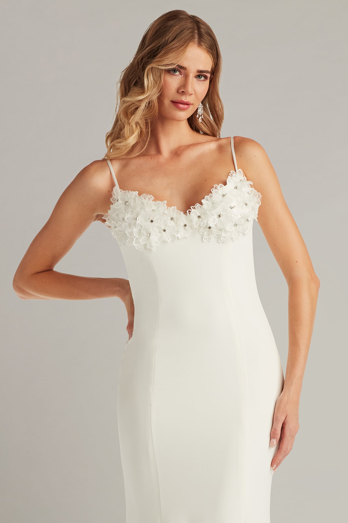 Wedding Dresses Long Fitted 3D Floral Wedding Dress Tadashi Shoji BOS24603LBR Ivory
