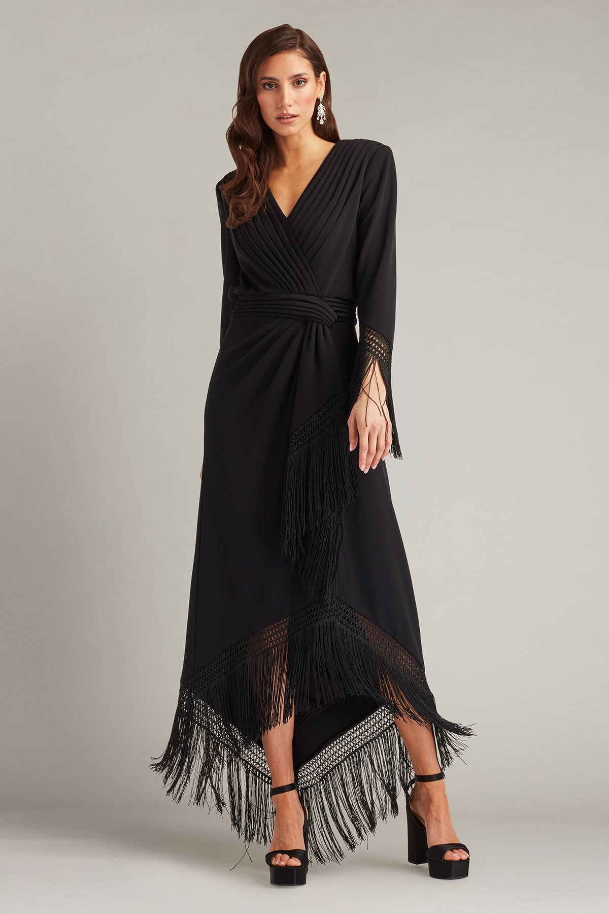 Cocktail Dresses High Low Long Sleeve Tea Length Cocktail Dress Tadashi Shoji BOS25450MD Black